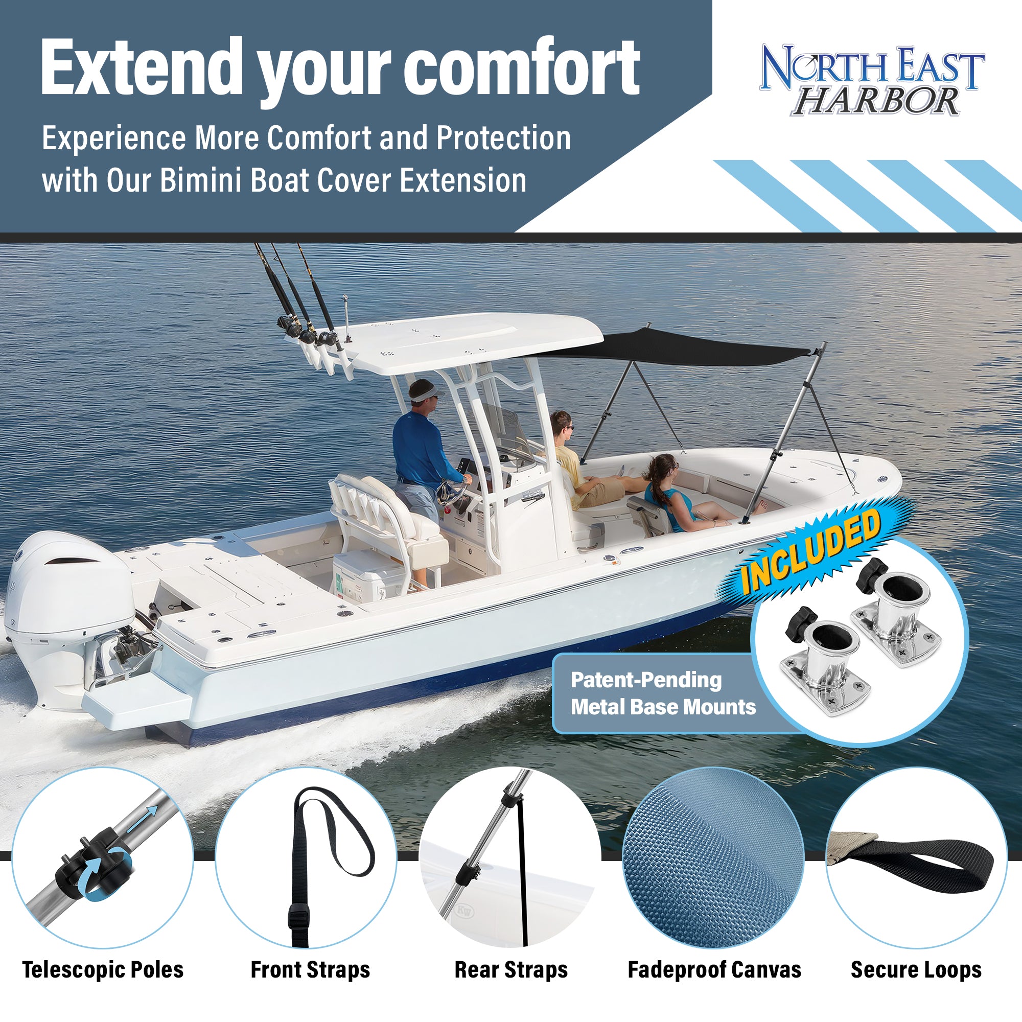 KNOX Universal T-Top Shade Extension with Base Mounts for Bimini Tops for Boats, Mesh