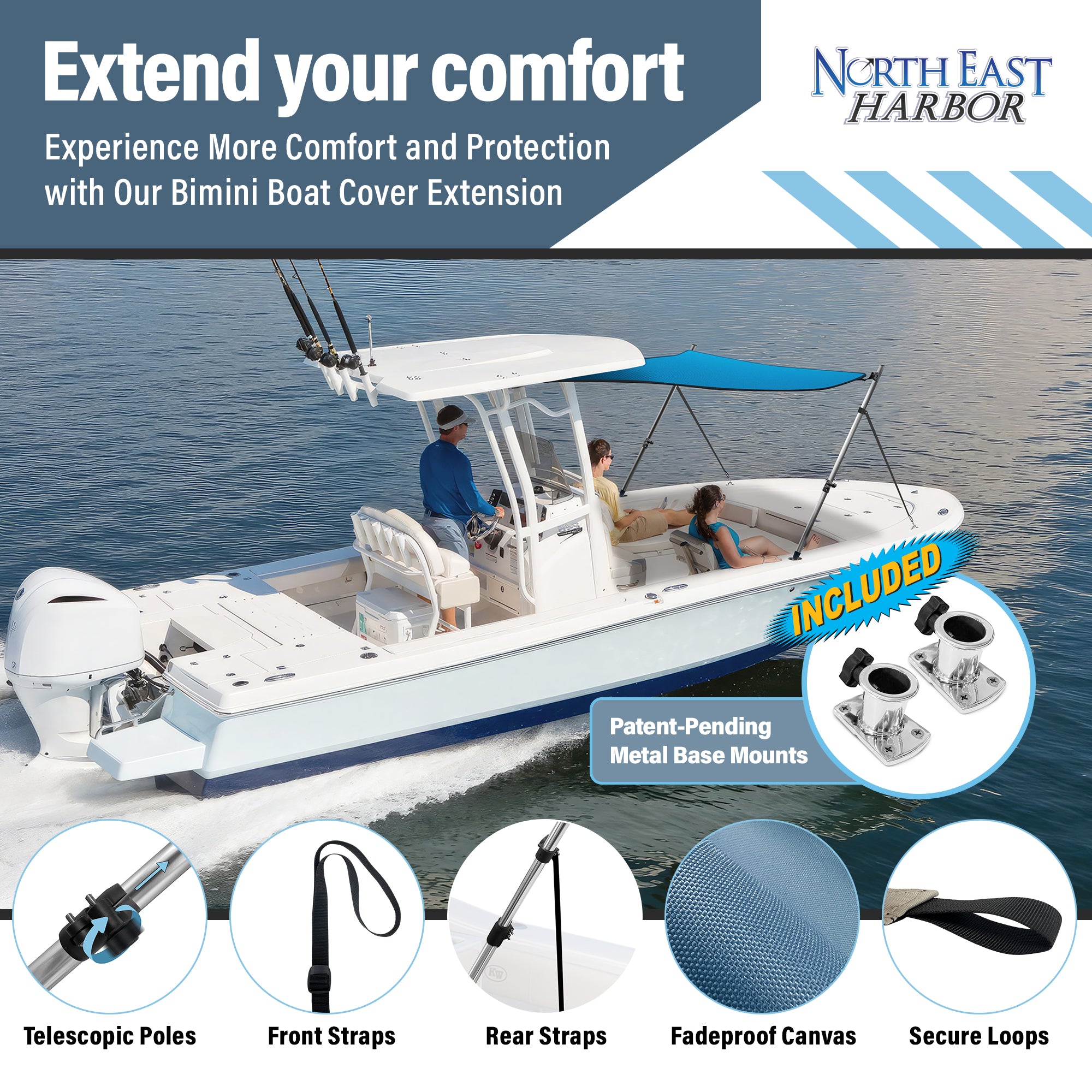 KNOX Universal T-Top Shade Extension with Base Mounts for Bimini Tops for Boats