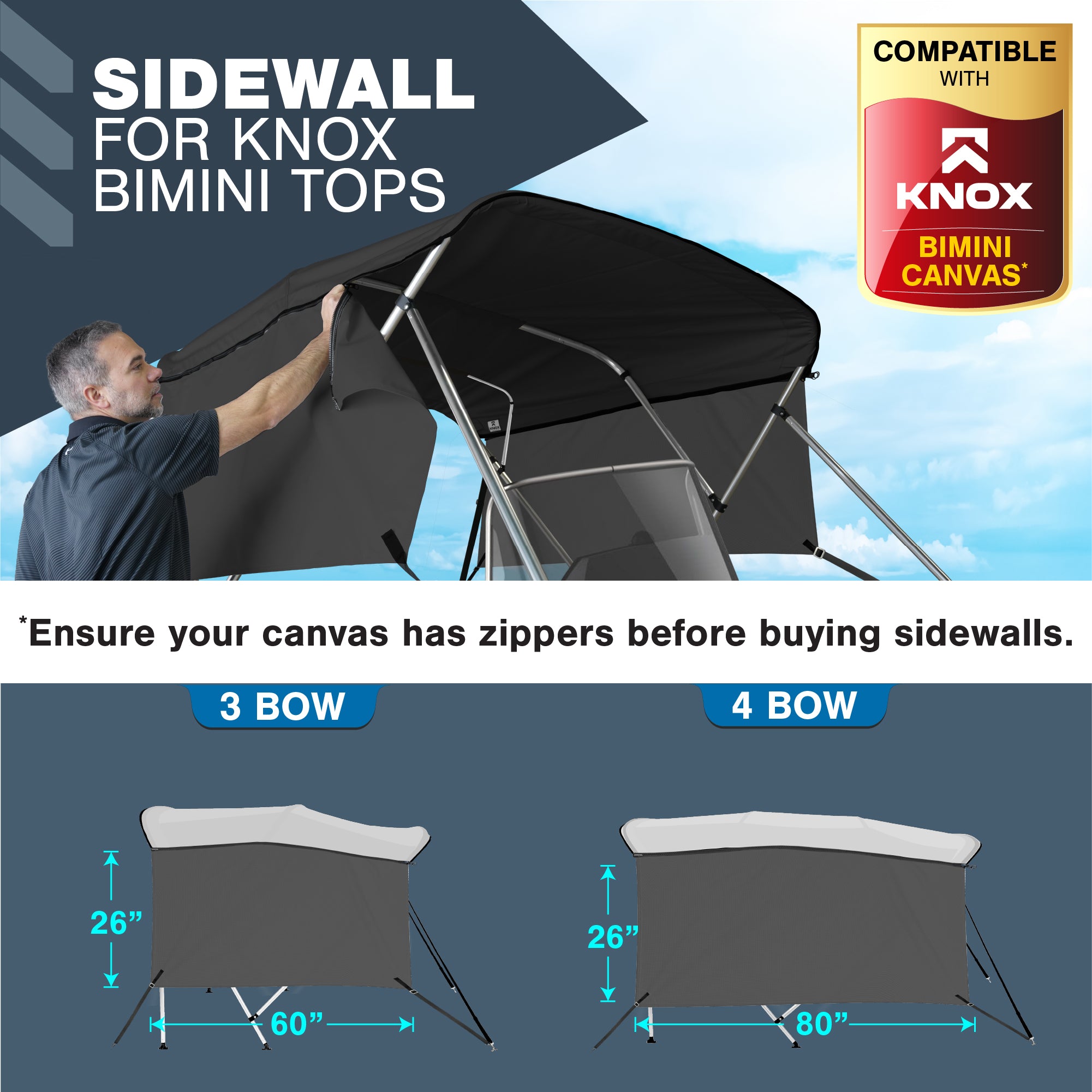 KNOX Universal 4-Bow Bimini Tops for Boats Cover Sidewalls
