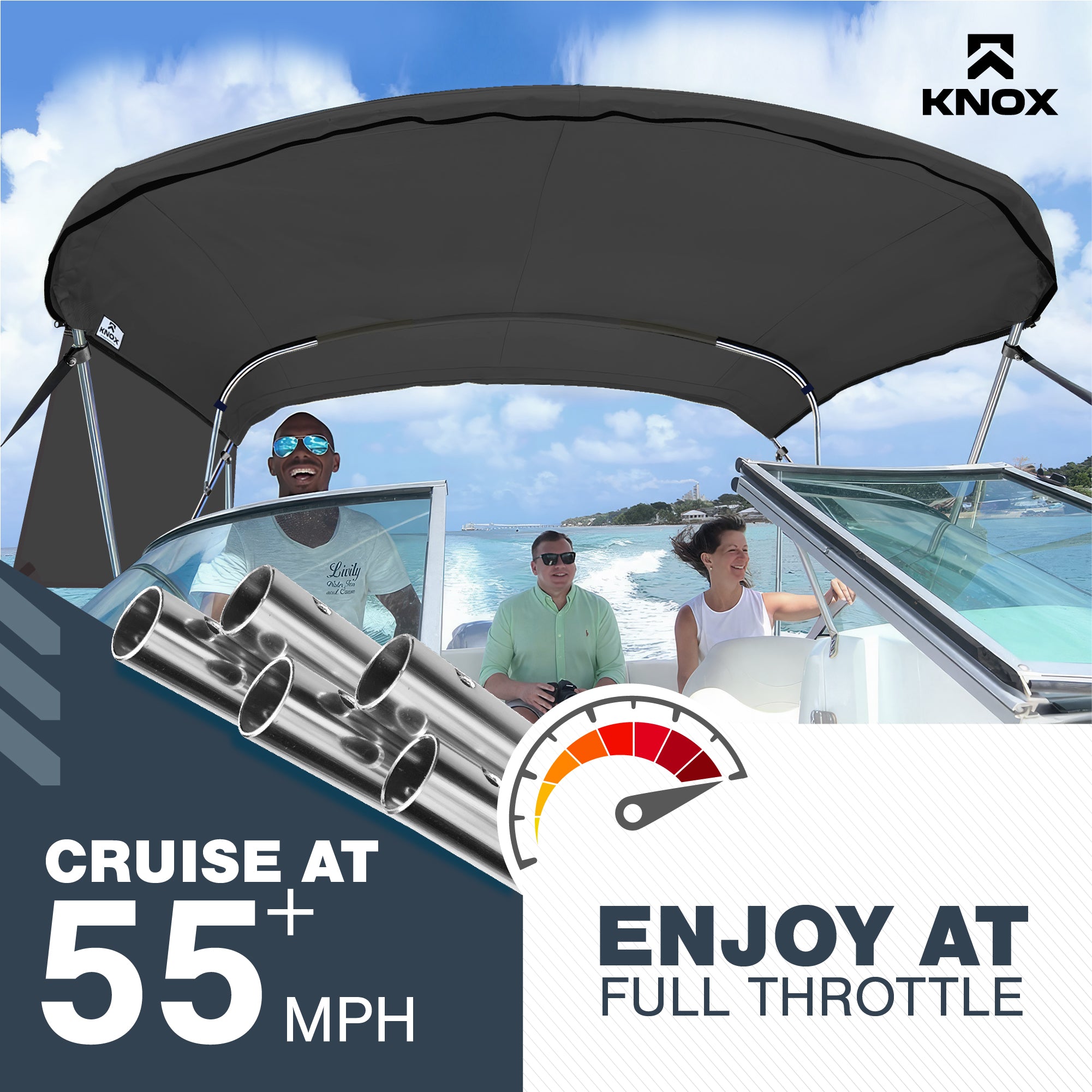 KNOX Universal 3 Bow Bimini Tops for Boats with Sidewalls