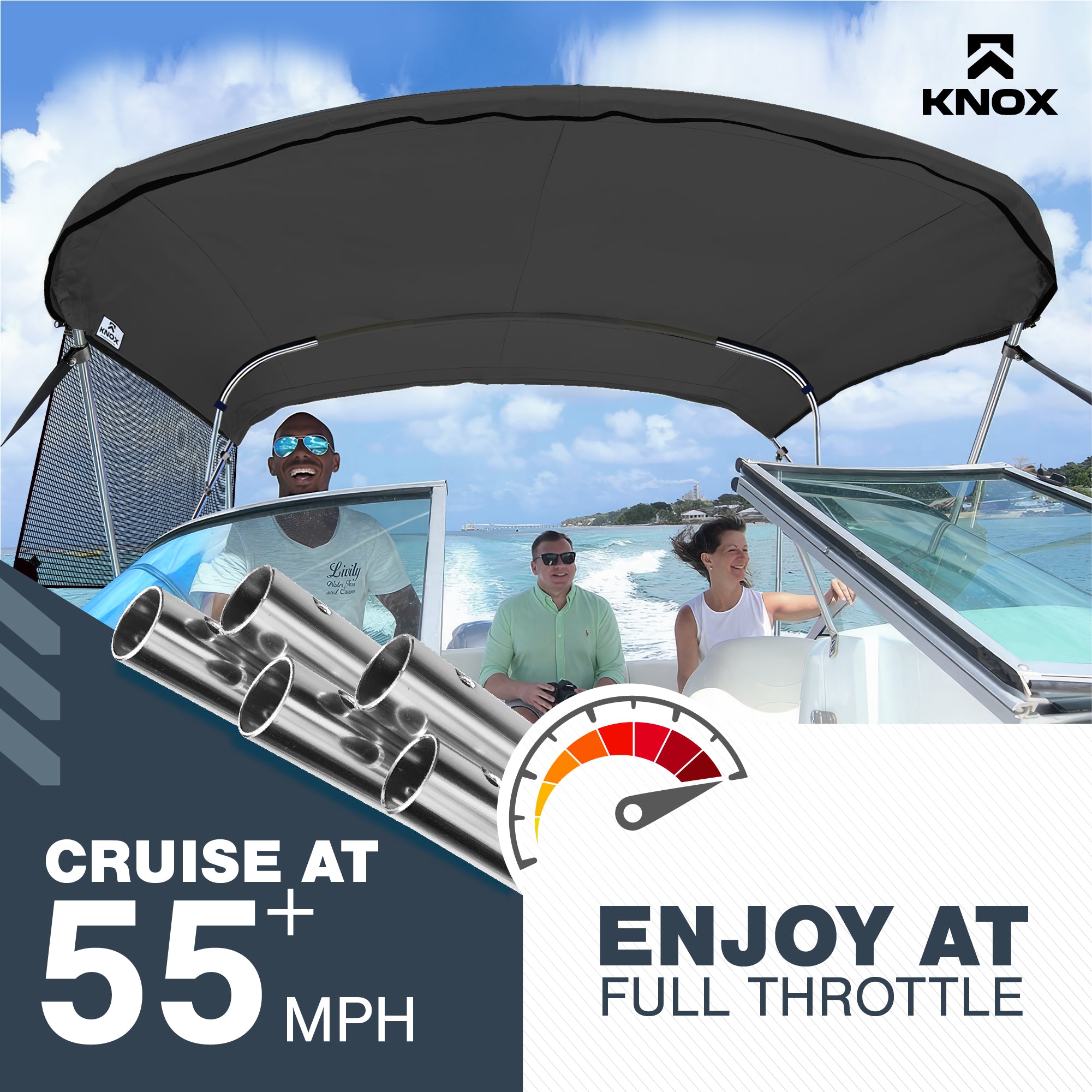 KNOX Universal 3 Bow Bimini Tops for Boats with Mesh Sidewalls
