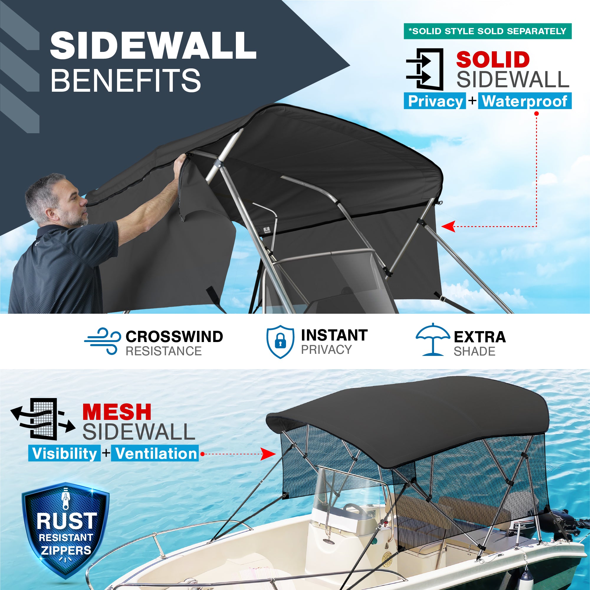 KNOX Universal 4 Bow Bimini Tops for Boats with Mesh Sidewalls