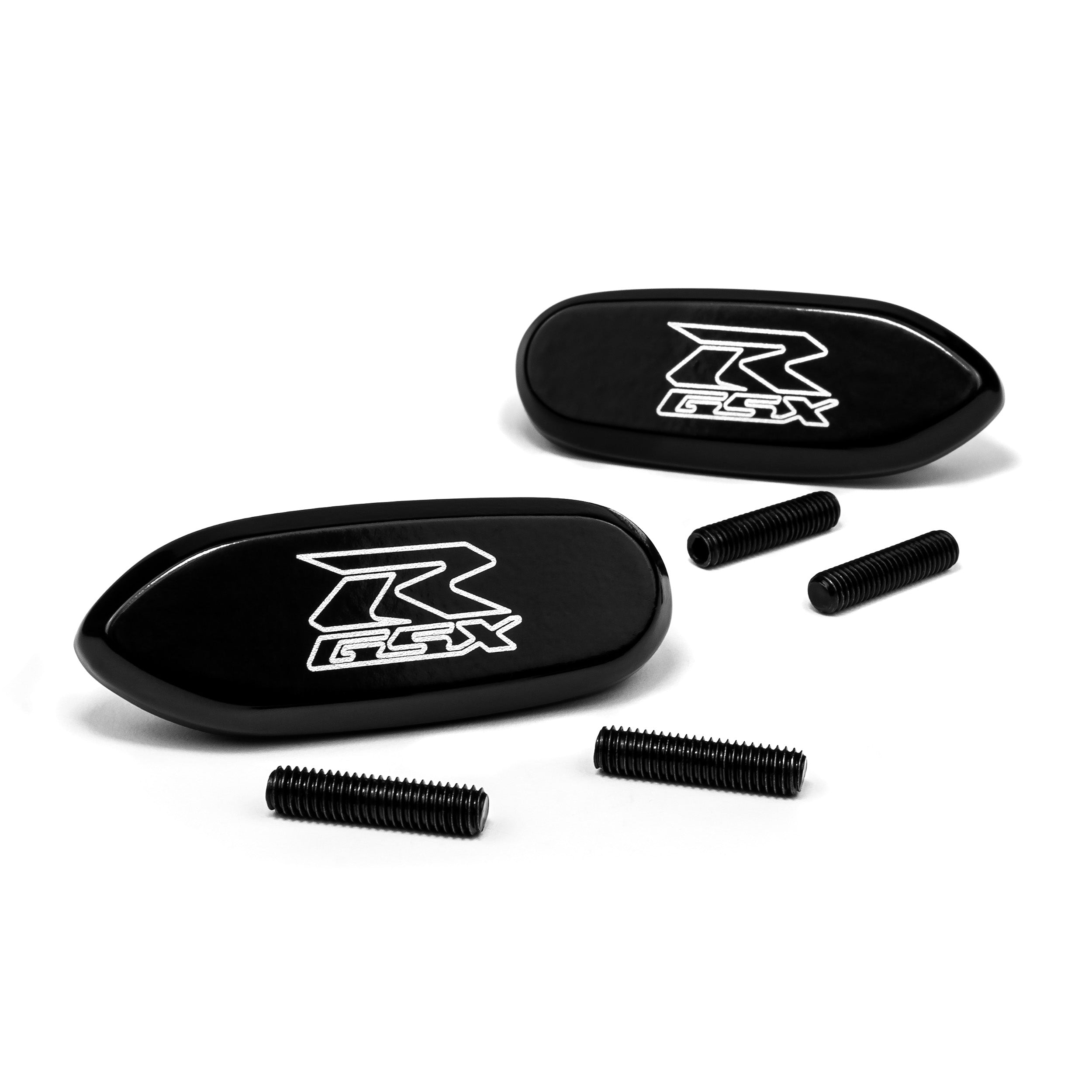 Suzuki GSXR 600 750 1000 Mirror Block Off Base Plates Logo Engraved Black Set (2005-2012)