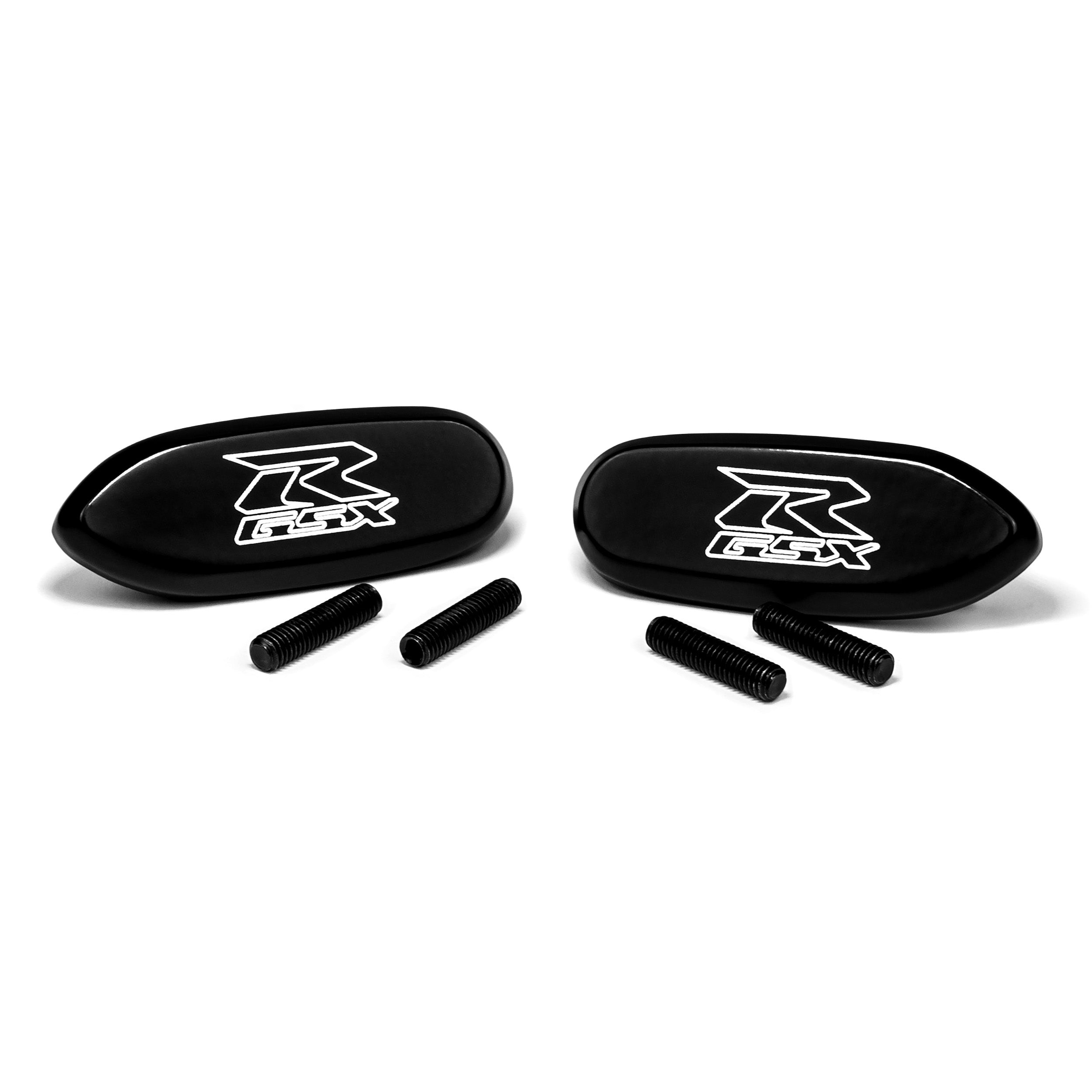 Suzuki GSXR 600 750 1000 Mirror Block Off Base Plates Logo Engraved Black Set (2005-2012)
