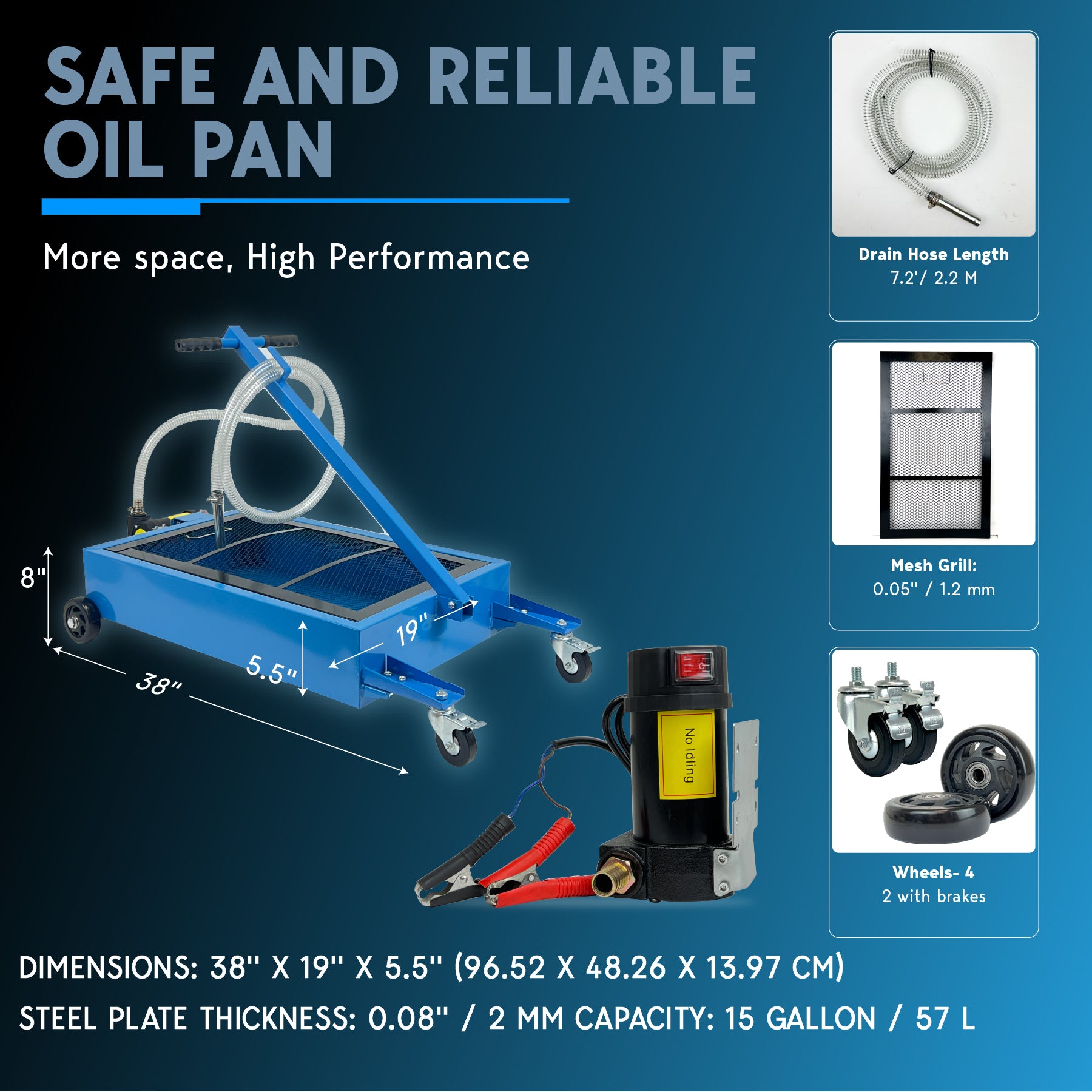Biltek Electric 15Gal Oil Drain Pan 24V Pump 7.2ft Hose Folding Handle for Buses