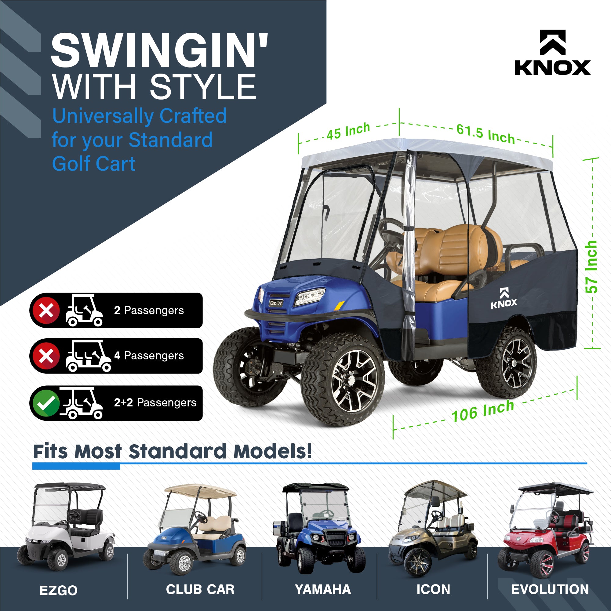 KNOX 4 Person Golf Cart Enclosure, 2+2 Seater