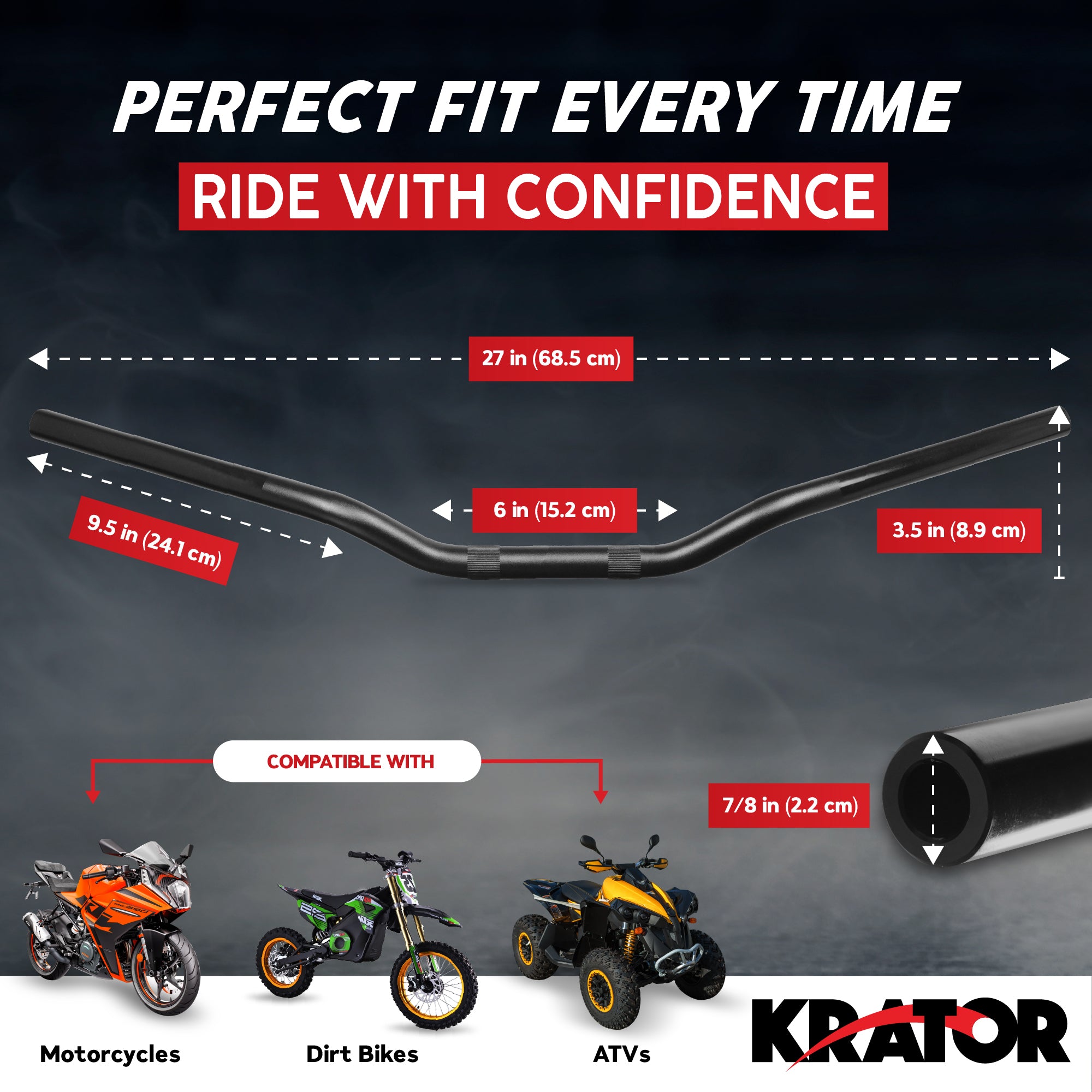 Krator Black Euro-Style Polished Motorcycle Handlebar, Universal 7/8 Inch (22 mm)Handlebar