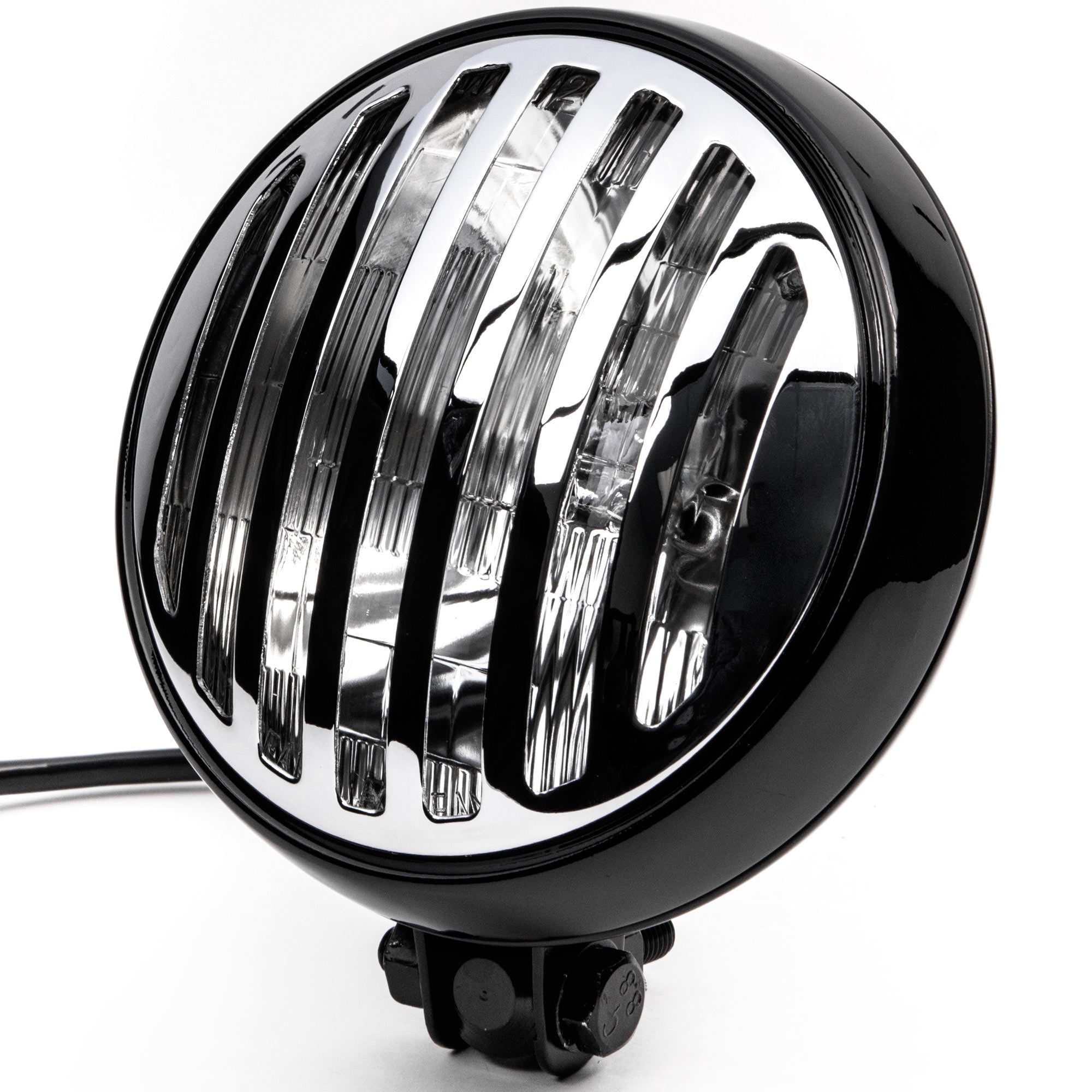 6" Black & Chrome Motorcycle Headlight with Grill High Low Headlamp Bottom Mount
