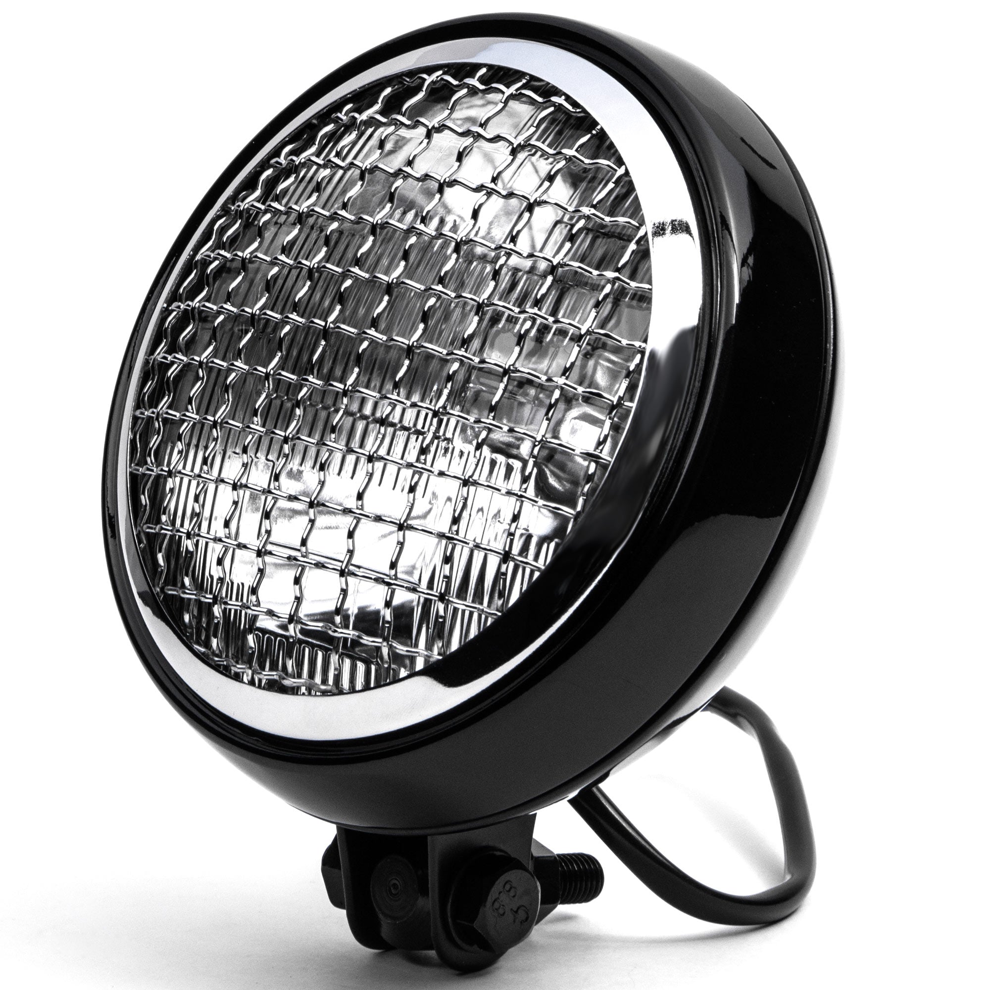 6" Black & Chrome Motorcycle Headlight Mesh Grill High Low Headlamp Bottom Mount