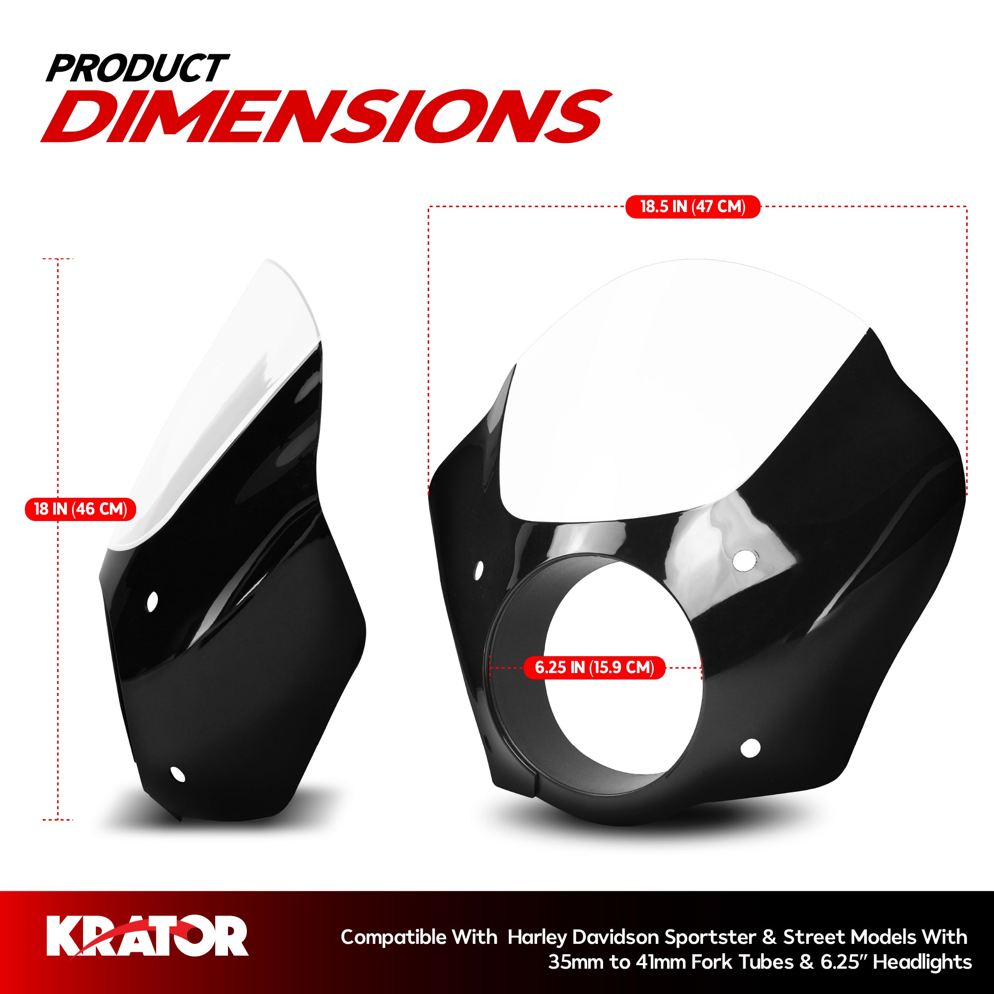 Krator Motorcycle Fairing Windshield, 35-41mm Fork Tubes, 6.25 Headlights, Clear
