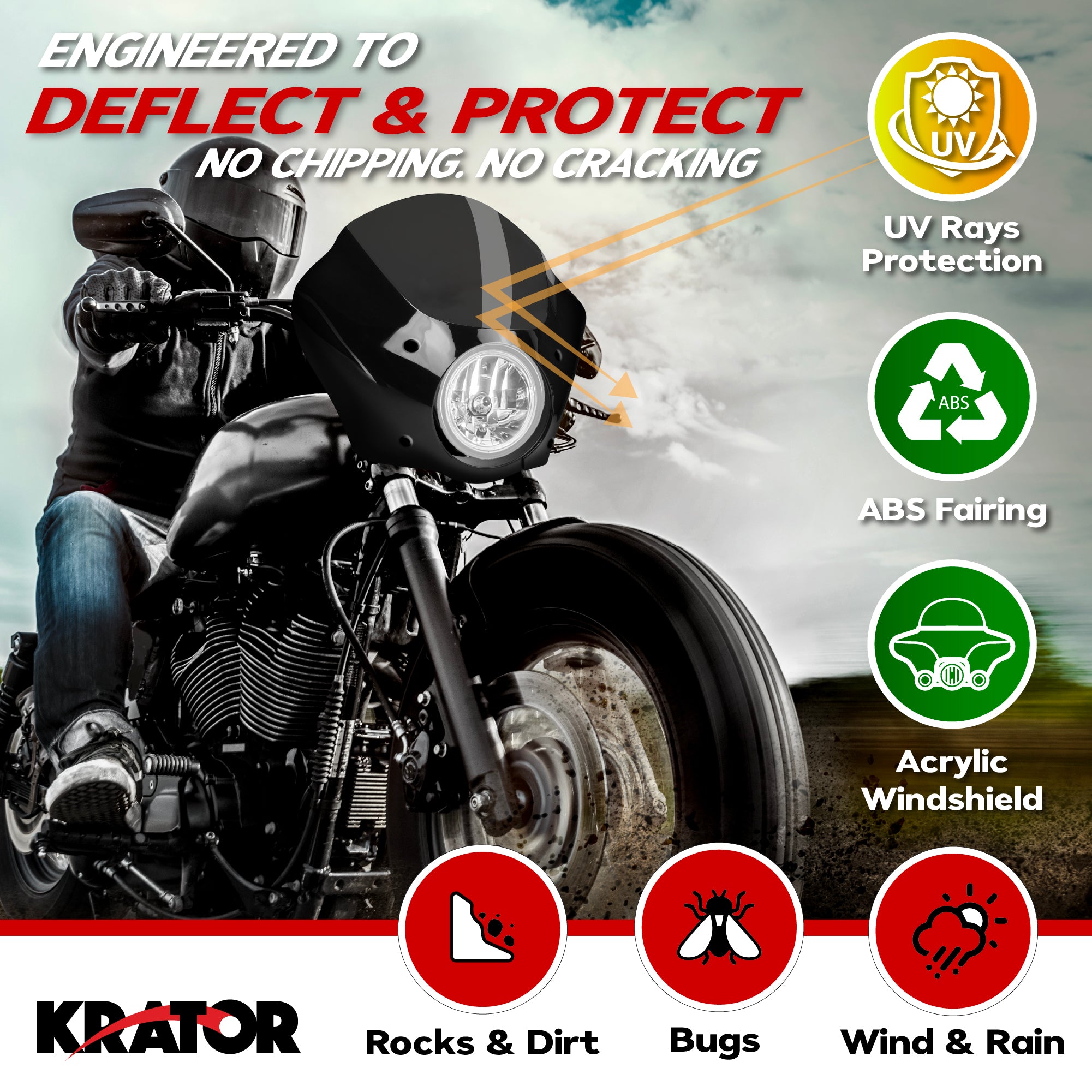 Krator Motorcycle Fairing Windshield, 35-41mm Fork Tubes, 6.25 Headlights, Smoke