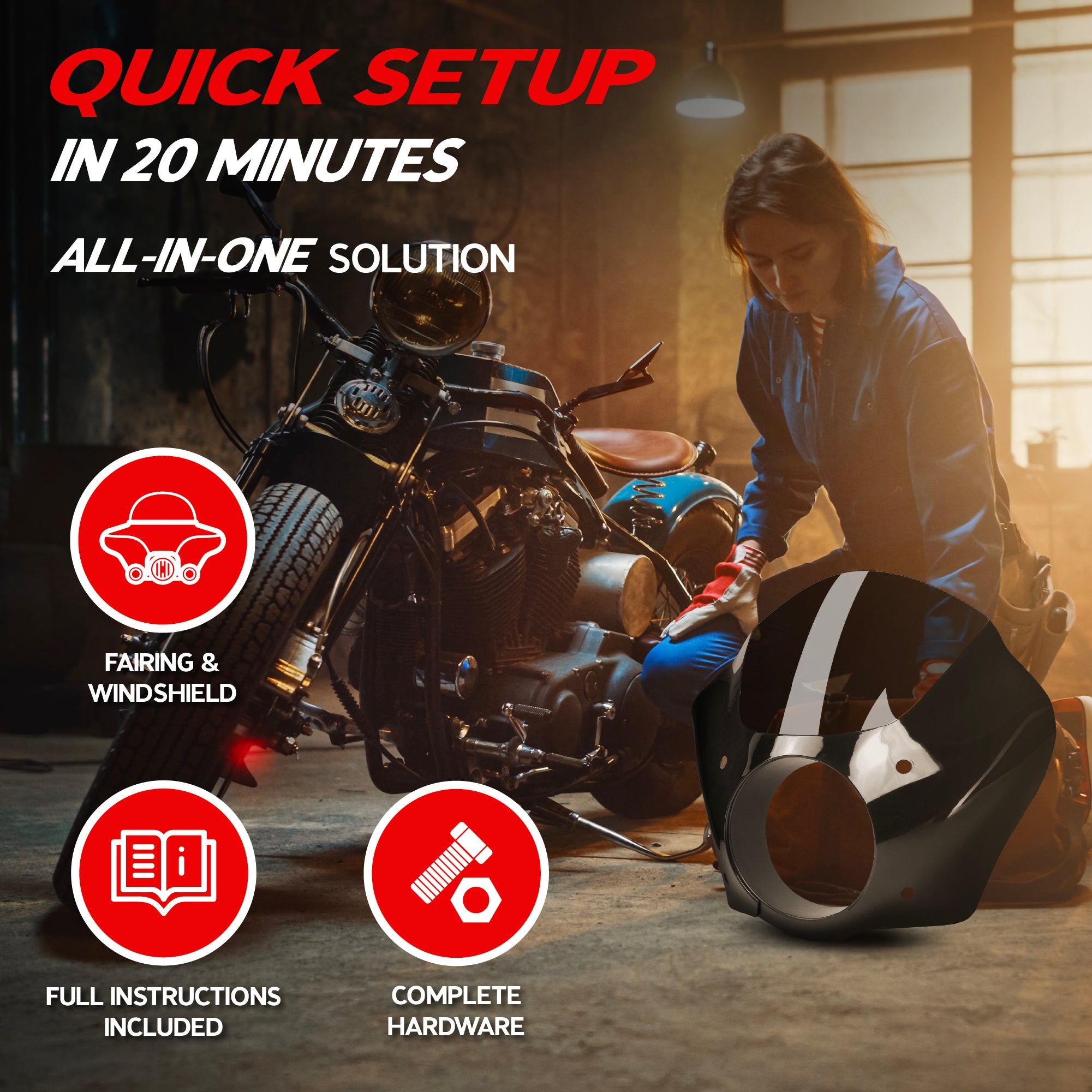 Krator Motorcycle Fairing Windshield, 35-41mm Fork Tubes, 6.25 Headlights, Smoke