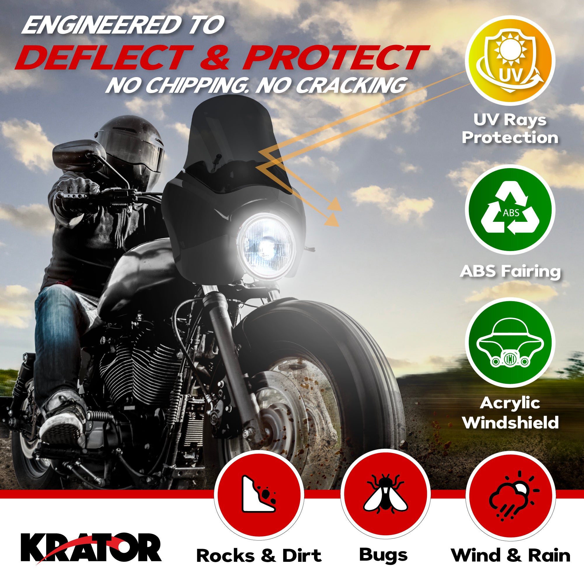 Krator Windshield Fairing with Headlight Extension Block Compatible with Harley Davidson