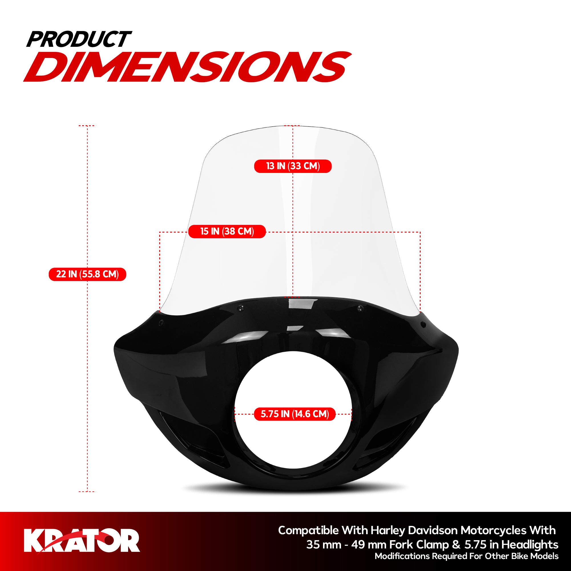 Krator 22" Motorcycle Headlight Fairing Windshield For 35-49mm Fork Clamp, Clear