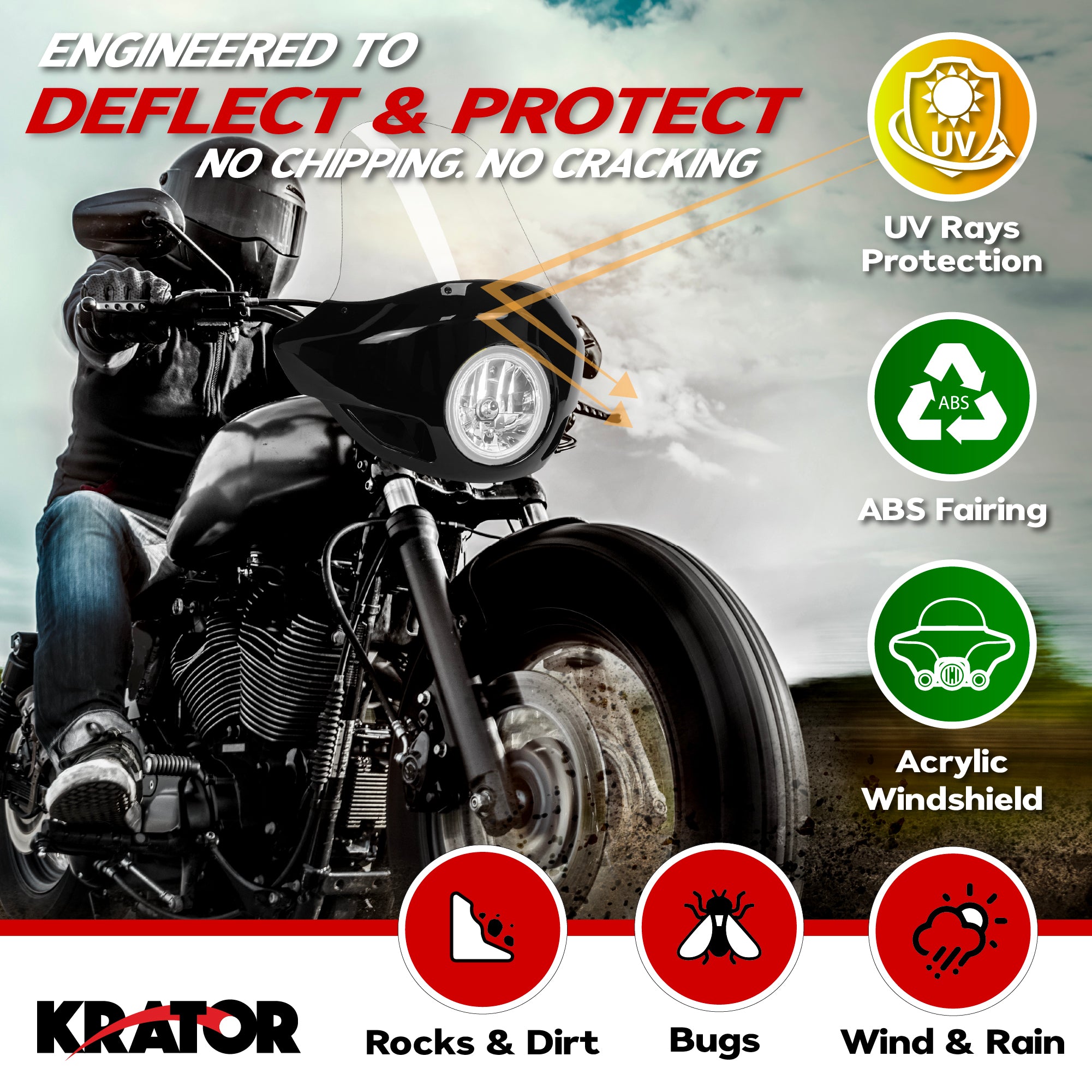 Krator 22" Motorcycle Headlight Fairing Windshield For 35-49mm Fork Clamp, Clear