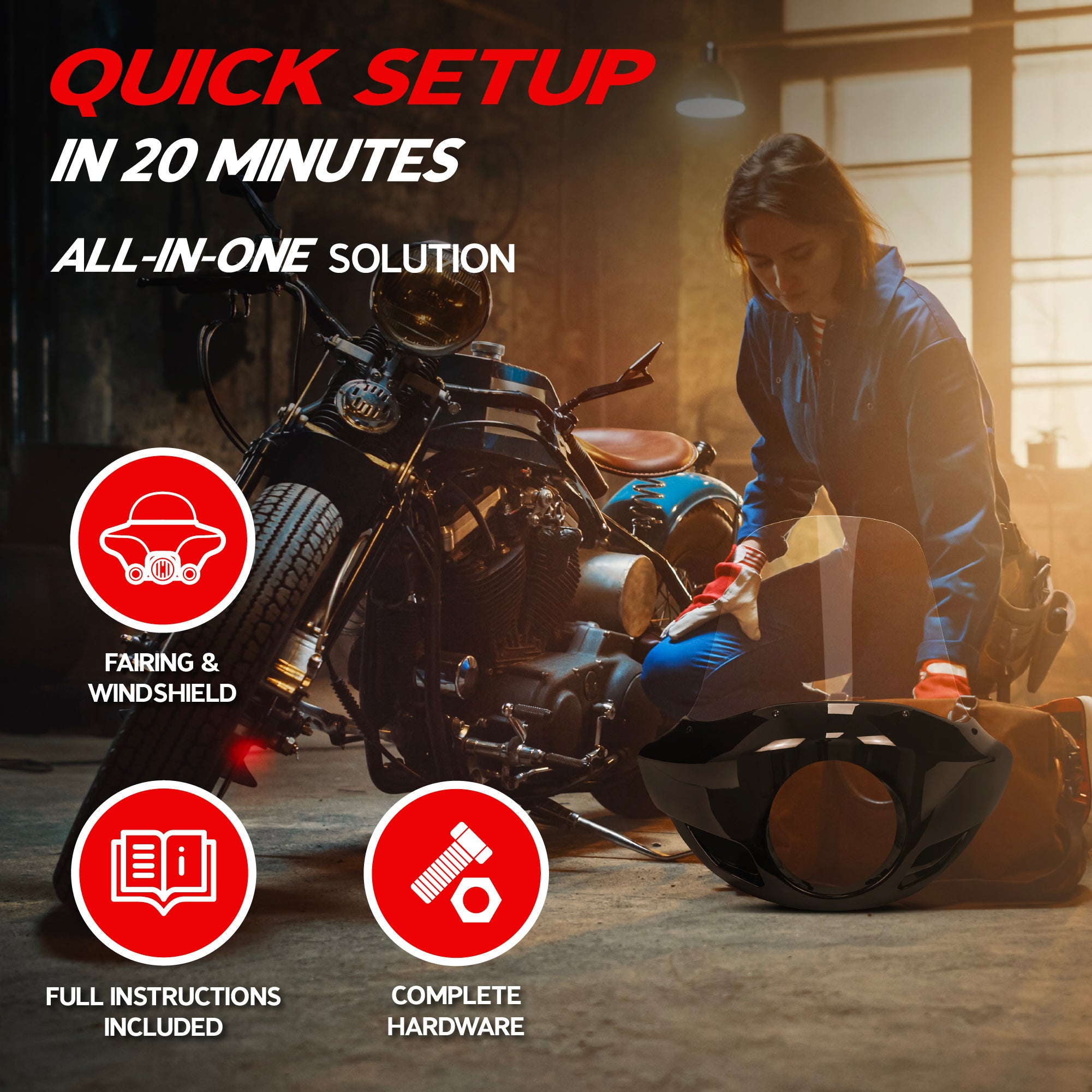 Krator 22" Motorcycle Headlight Fairing Windshield For 35-49mm Fork Clamp, Clear