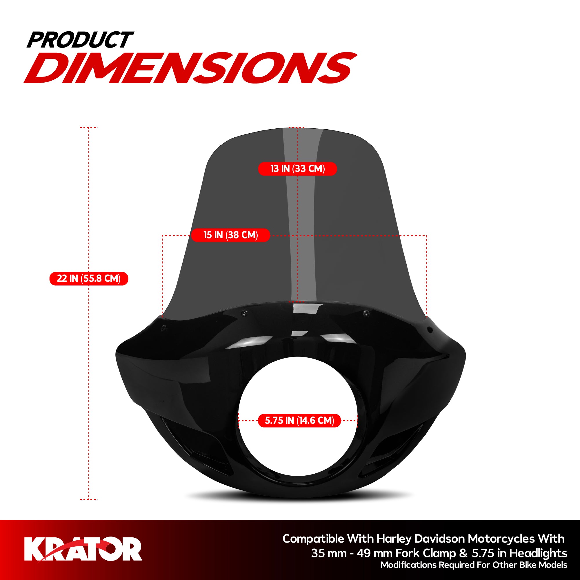 Krator 22" Motorcycle Headlight Fairing Windshield For 35-49mm Fork Clamp, Smoke