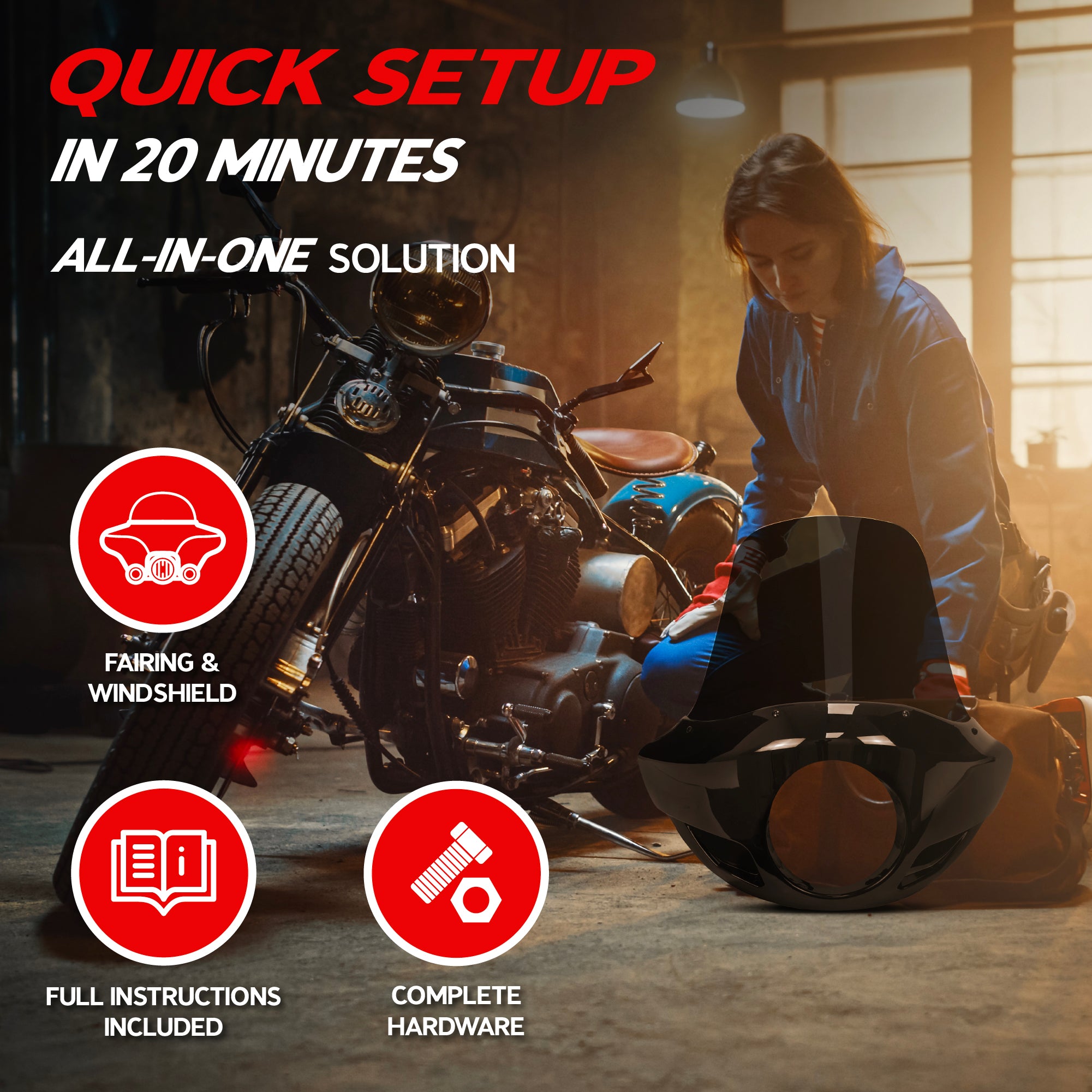 Krator 22" Motorcycle Headlight Fairing Windshield For 35-49mm Fork Clamp, Smoke