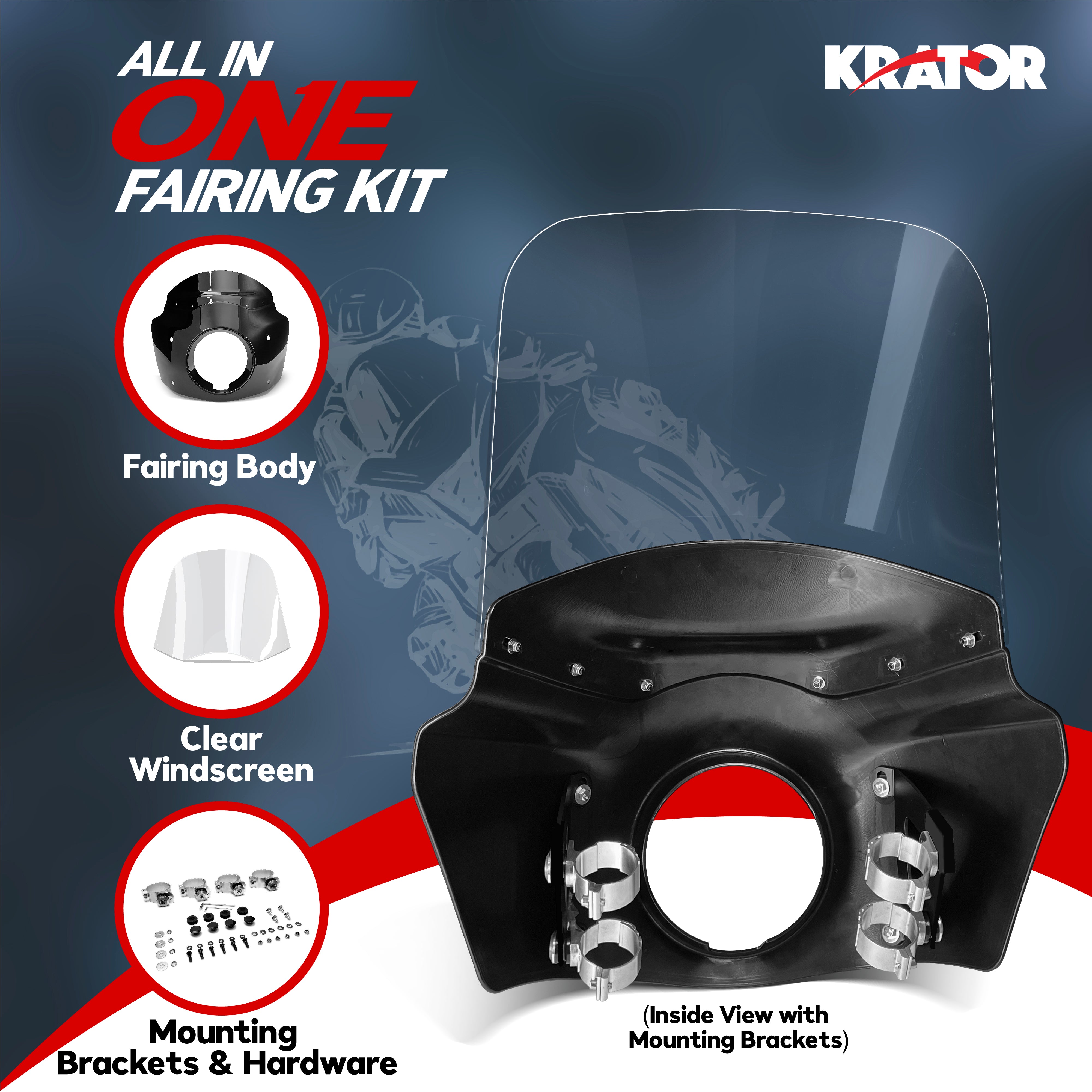 Windshield Headlight Fairing Kit for Harley Davidson Dyna and Softail Models, Glossy Black and Clear Windscreen