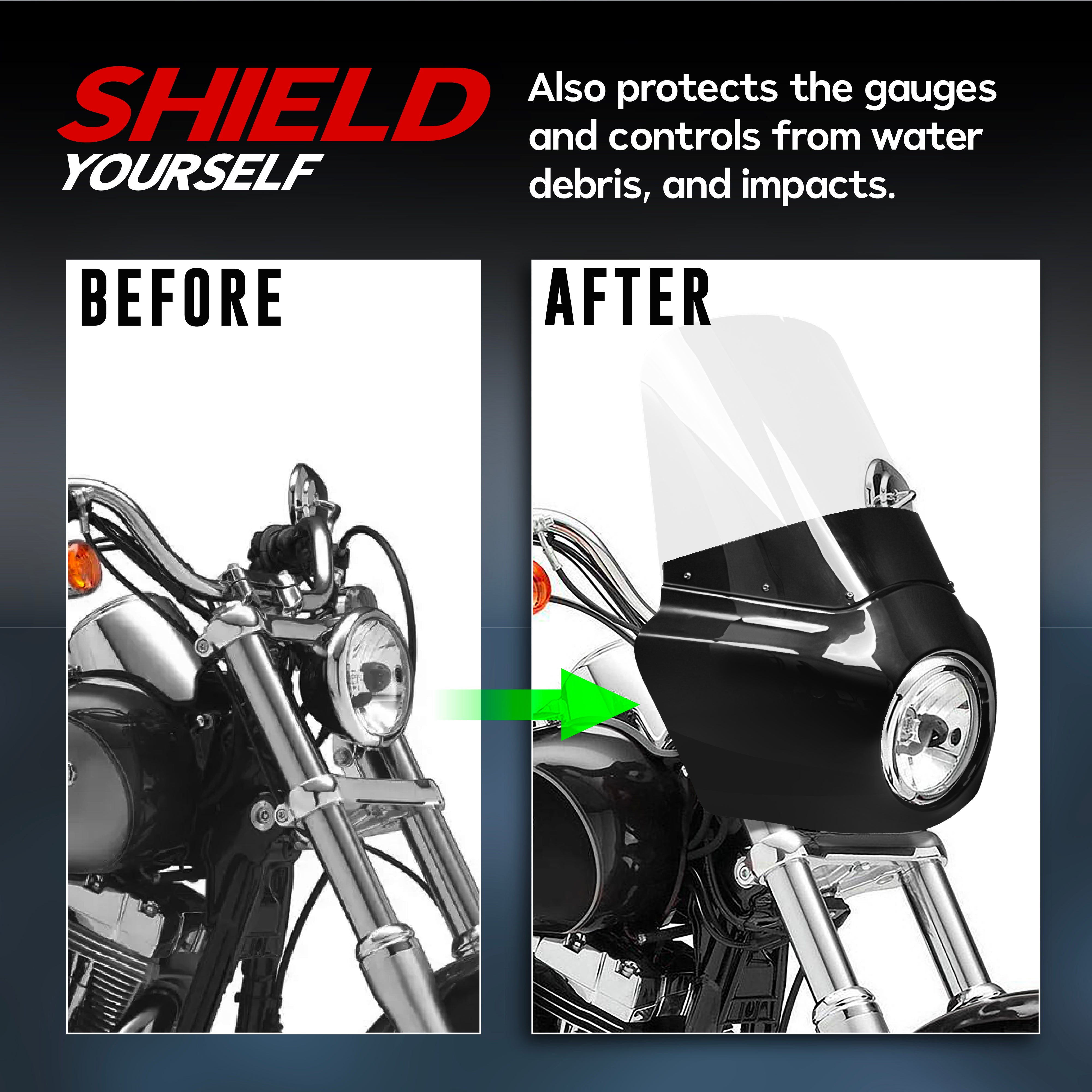 Windshield Headlight Fairing Kit for Harley Davidson Dyna and Softail Models, Glossy Black and Clear Windscreen