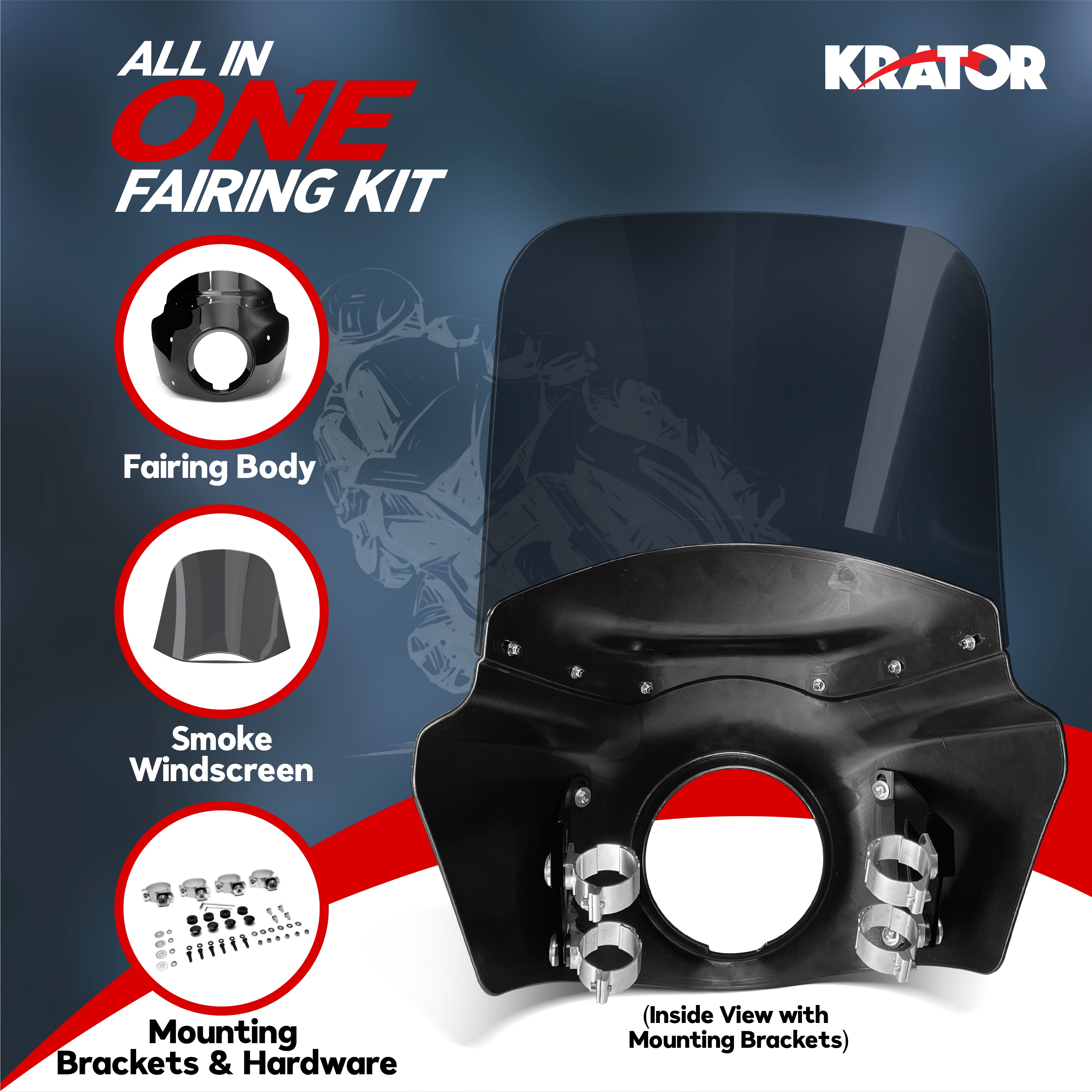 Krator Motorcycle Windshield & Headlight Fairing, Smoke, 11" Windshield, Club Style