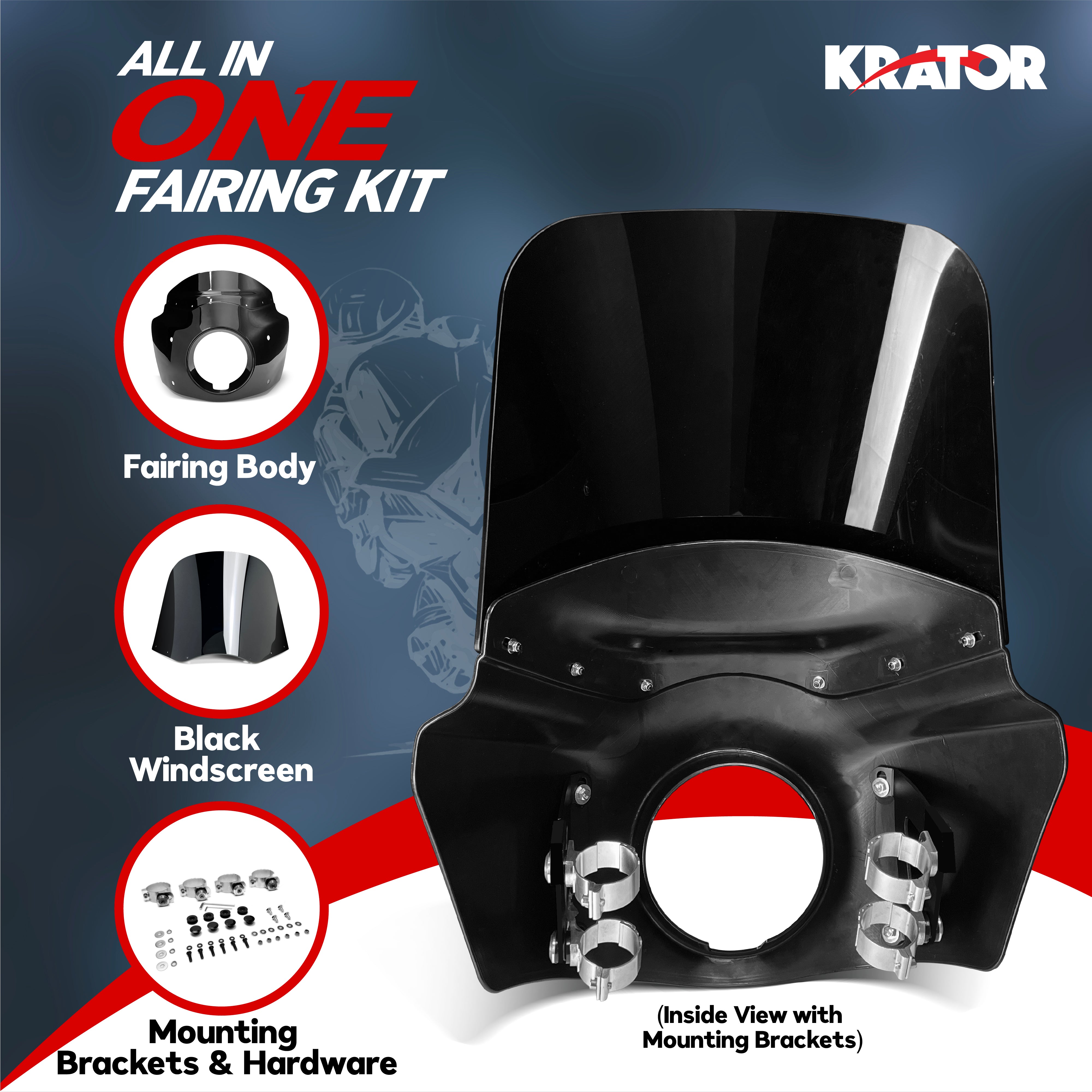 Windshield Headlight Fairing Kit for Harley Davidson Dyna and Softail Models, Glossy Black and Blackout Windscreen