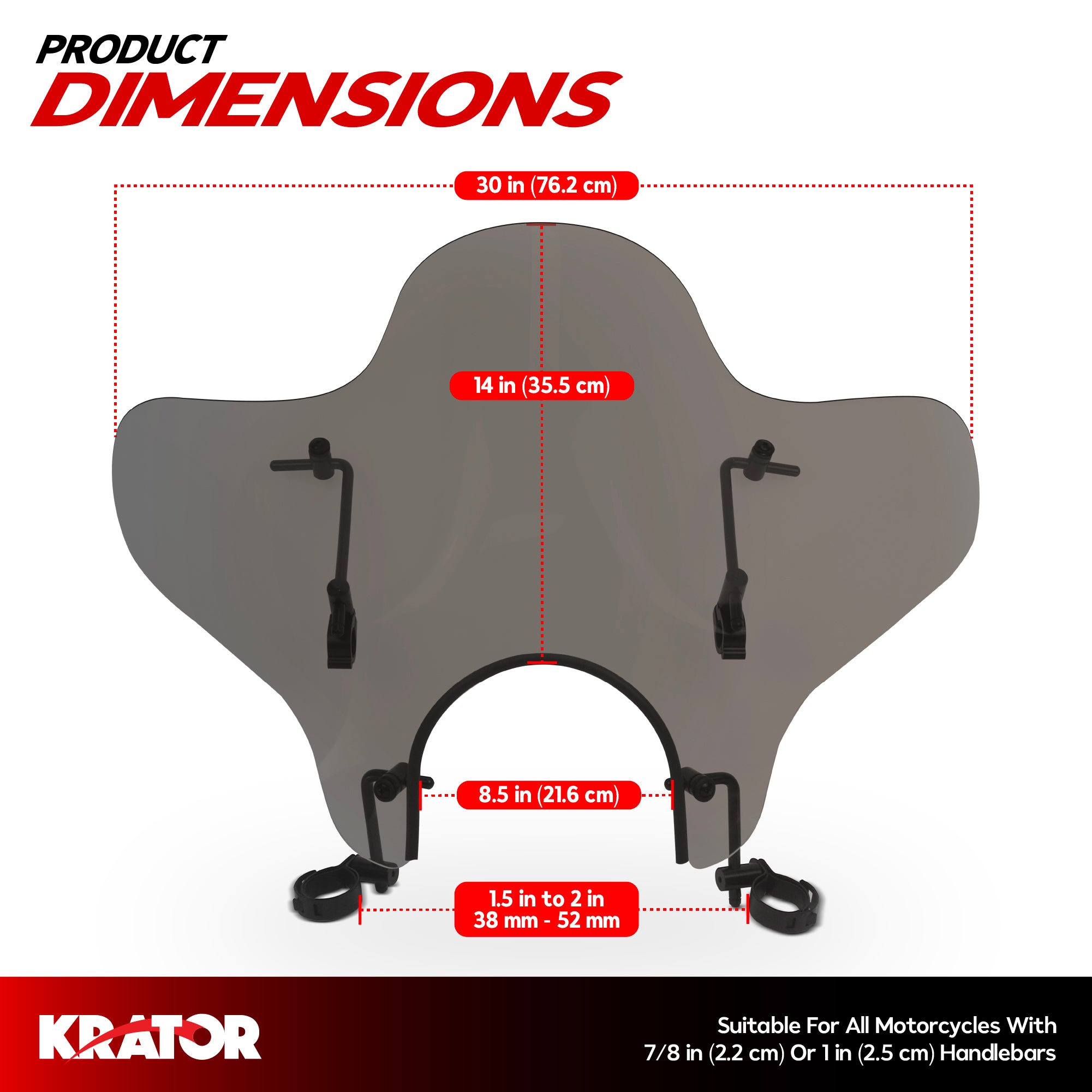 Krator Universal Motorcycle Windshield Windscreen for 7/8" or 1" Handlebars, 14"