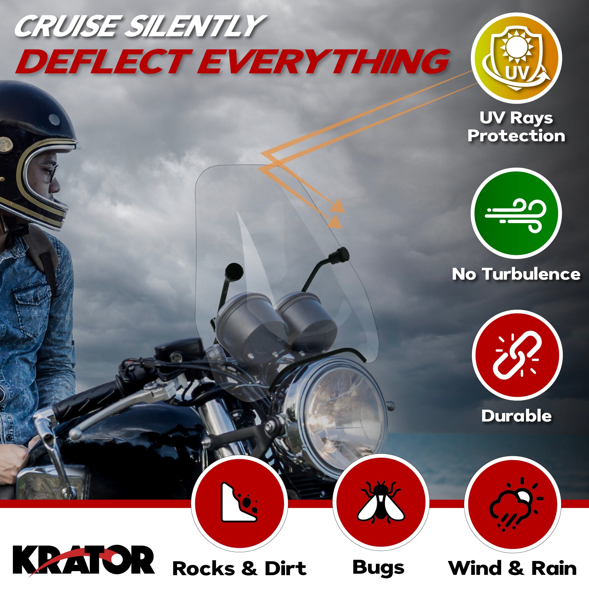 Krator Universal Motorcycle Windshield Windscreen for 7/8" or 1" Handlebars, 15"
