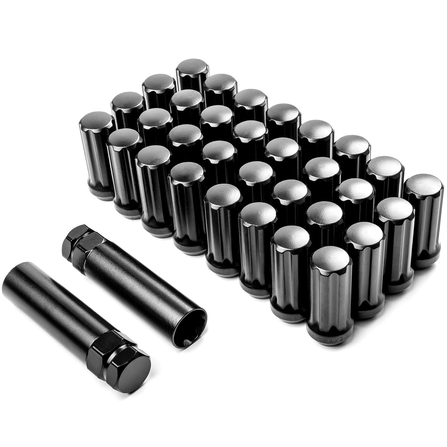 32x Black 14x2 Spline Lug Nuts + 2 Keys - Anti-Theft Locking Wheel Lug Nuts