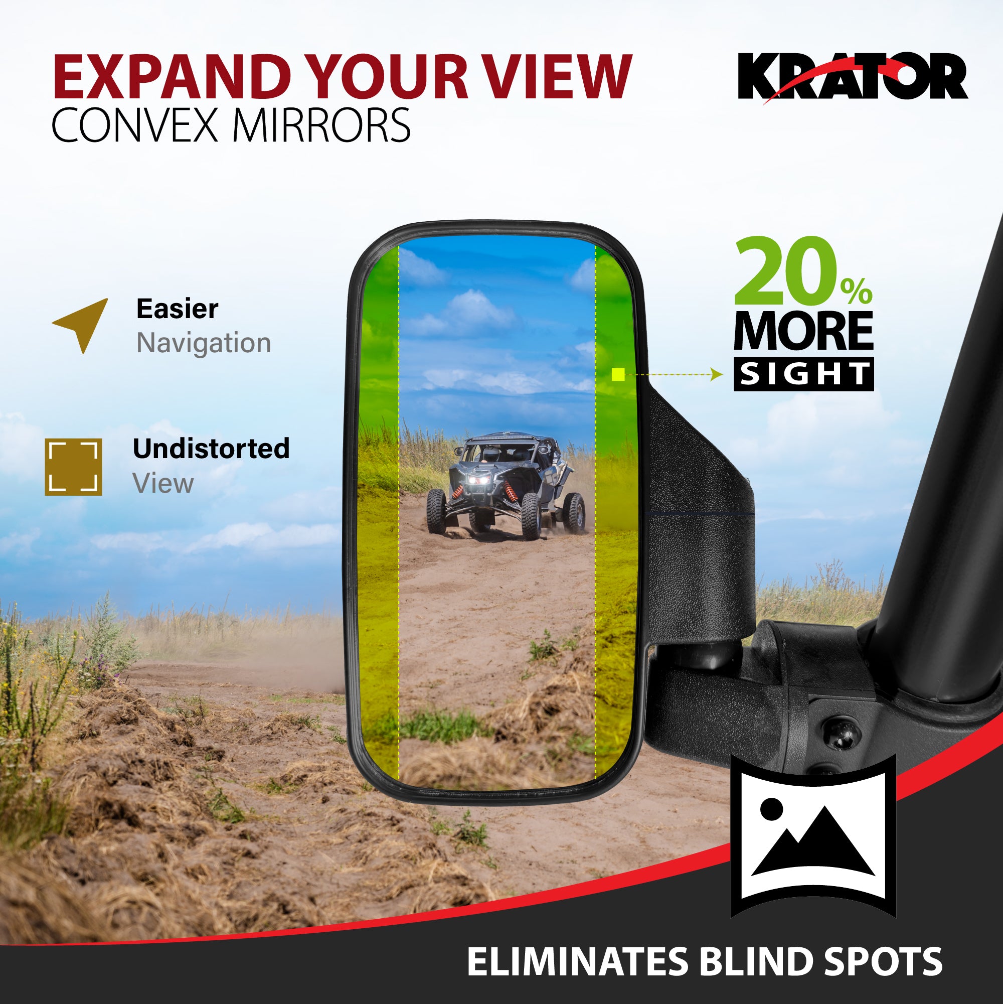 Krator UTV Side Mirrors for 1.75"- 2" Roll Bar Cage, Adjustable UTV Mirrors