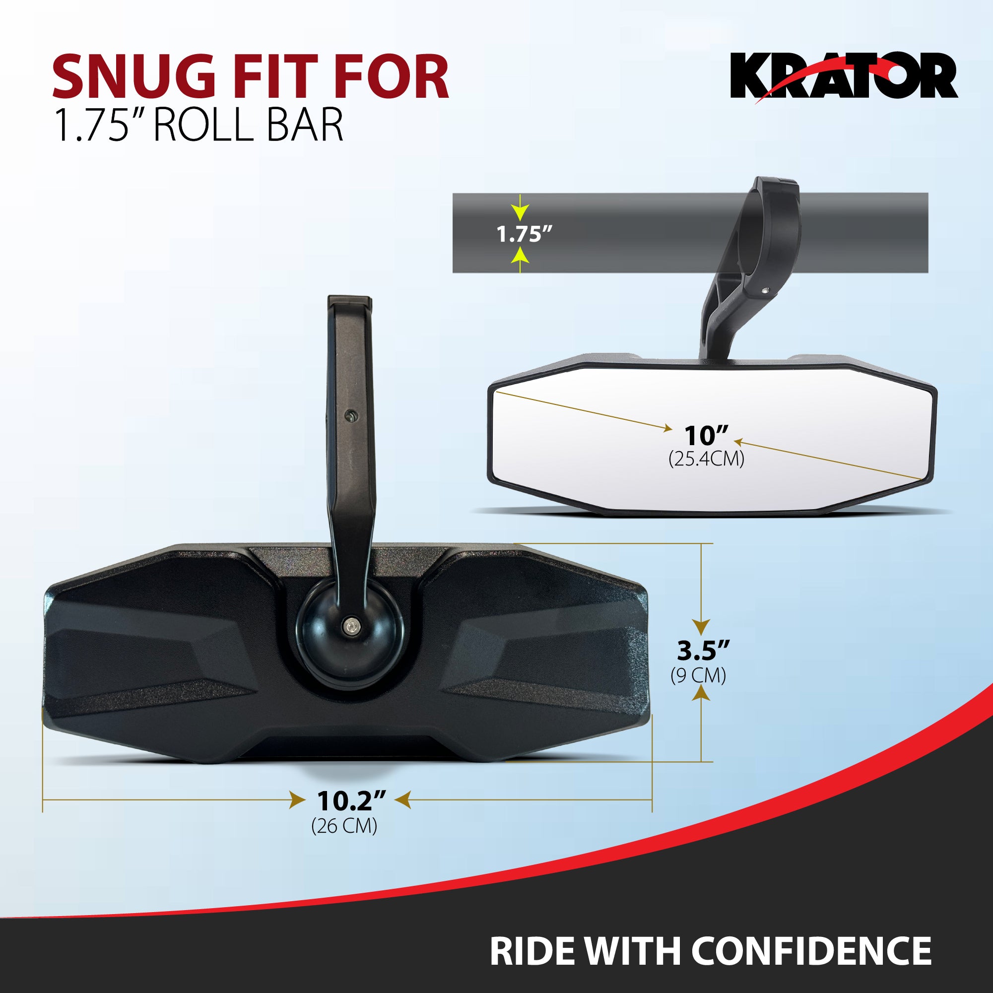Krator UTV Rear View Mirror 1.75"Roll Bar, Adjustable Convex Wide-Angle Design
