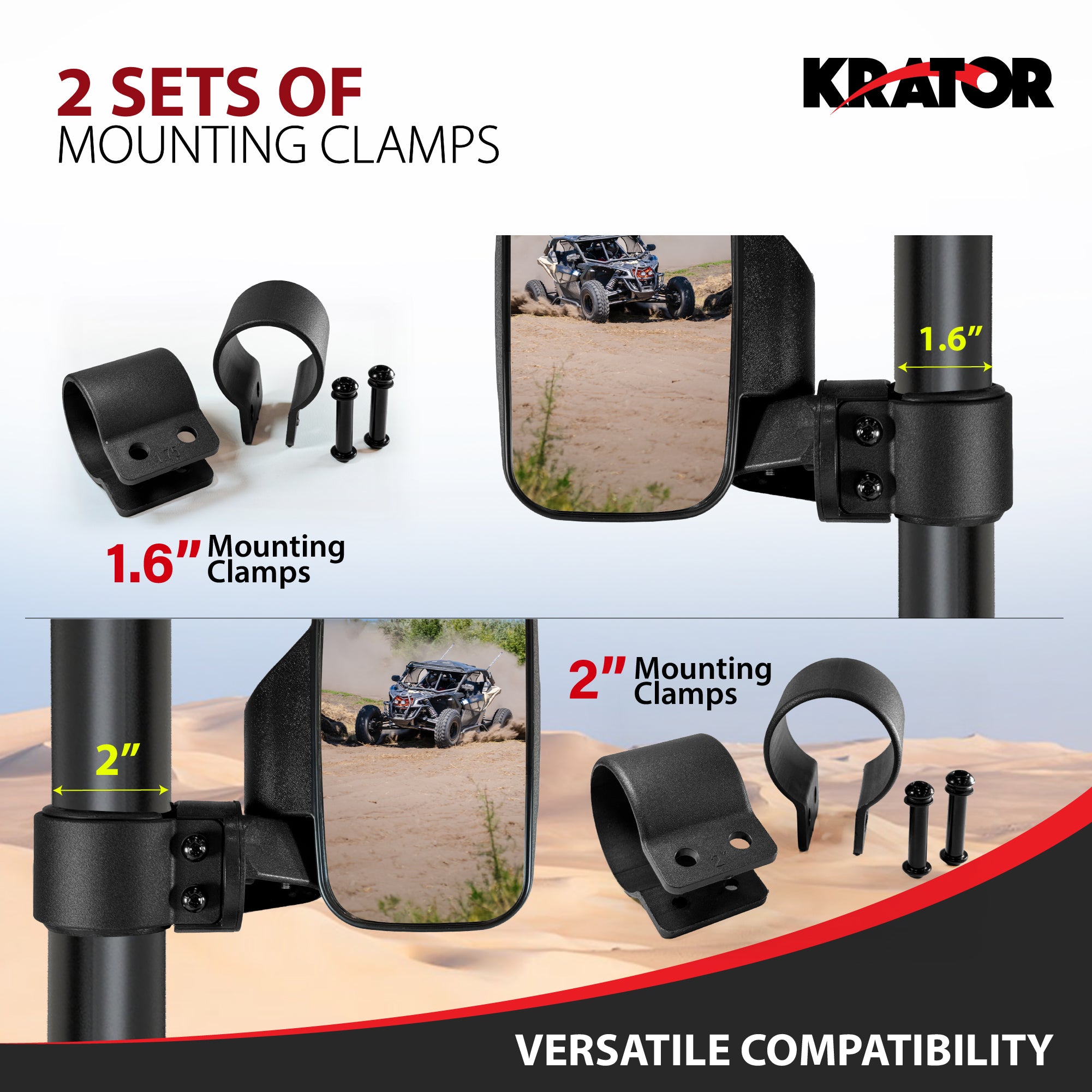 Krator UTV Side Mirrors for 1.6"- 2" Roll Bar Cage, Adjustable UTV Mirrors