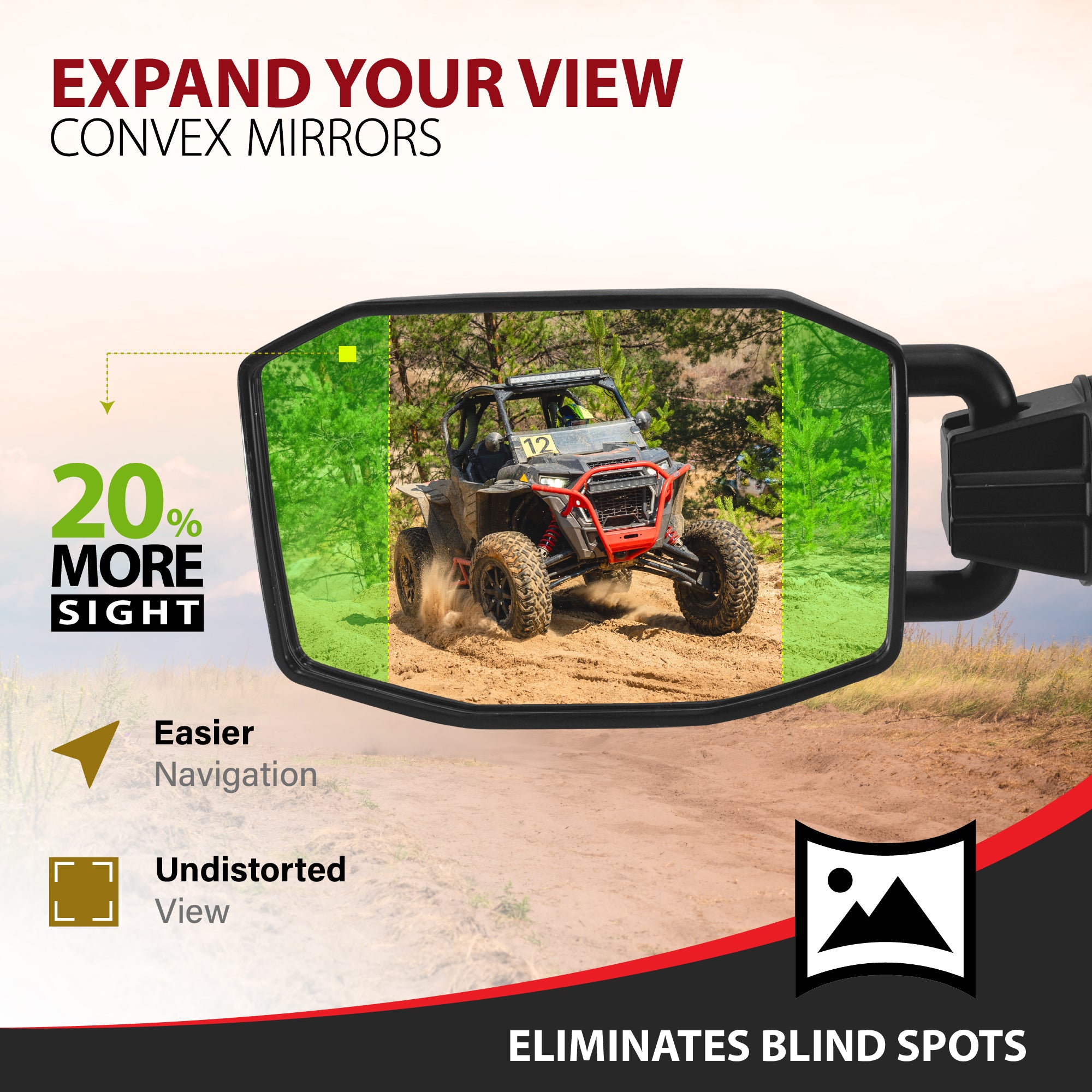 Krator UTV Side Mirrors for 1.75"-2" Roll Bar Cage, Adjustable UTV Mirrors