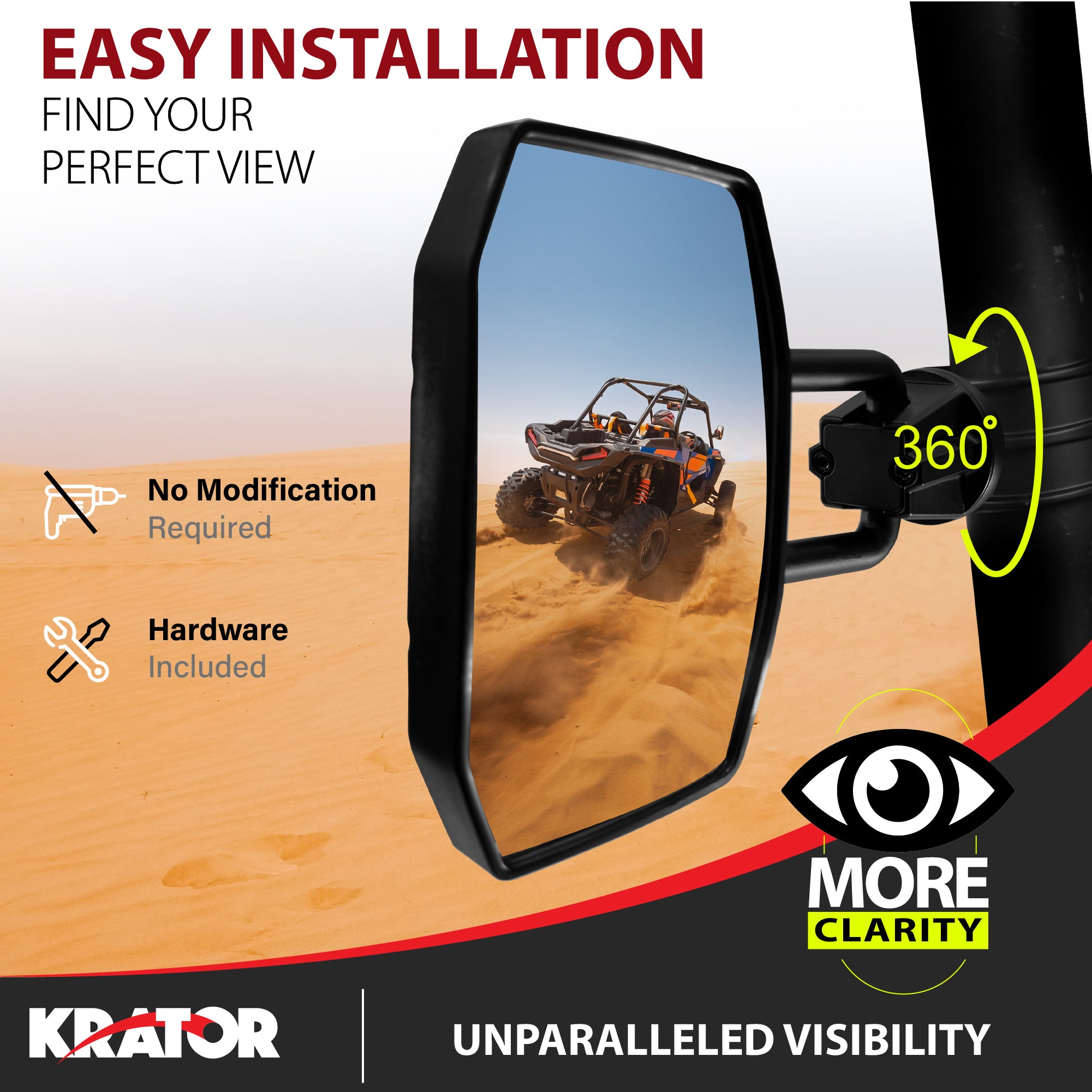 Krator UTV Side Mirrors for 1.75"-2" Roll Bar Cage, Adjustable UTV Mirrors