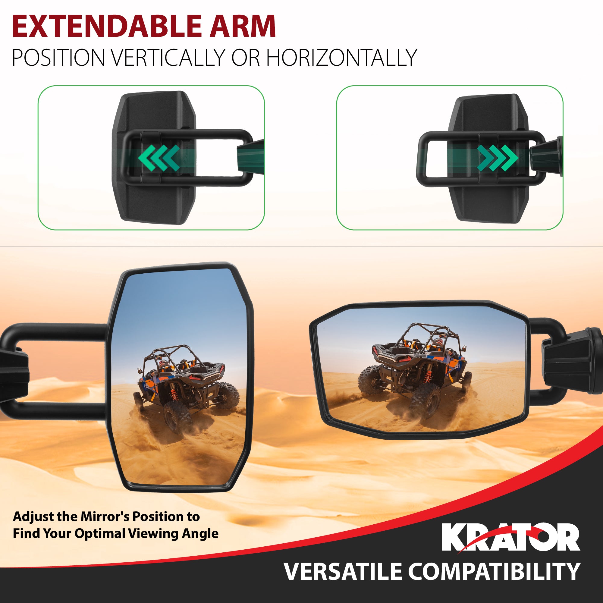 Krator UTV Side Mirrors for 1.75"-2" Roll Bar Cage, Adjustable UTV Mirrors