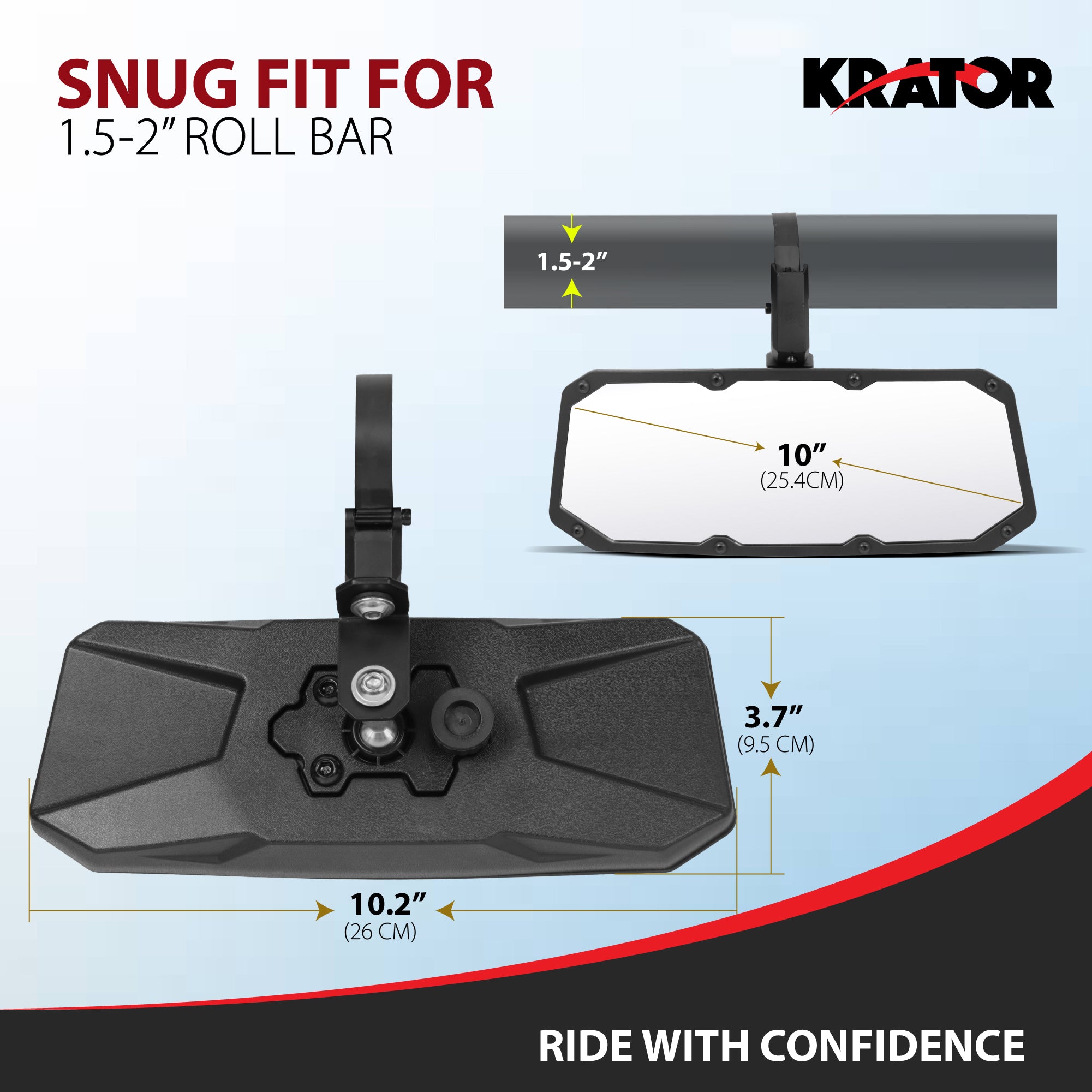 Krator UTV Rear View Mirror for 1.5"-2" Roll Bar, Wide-Angle Convex UTV Mirror