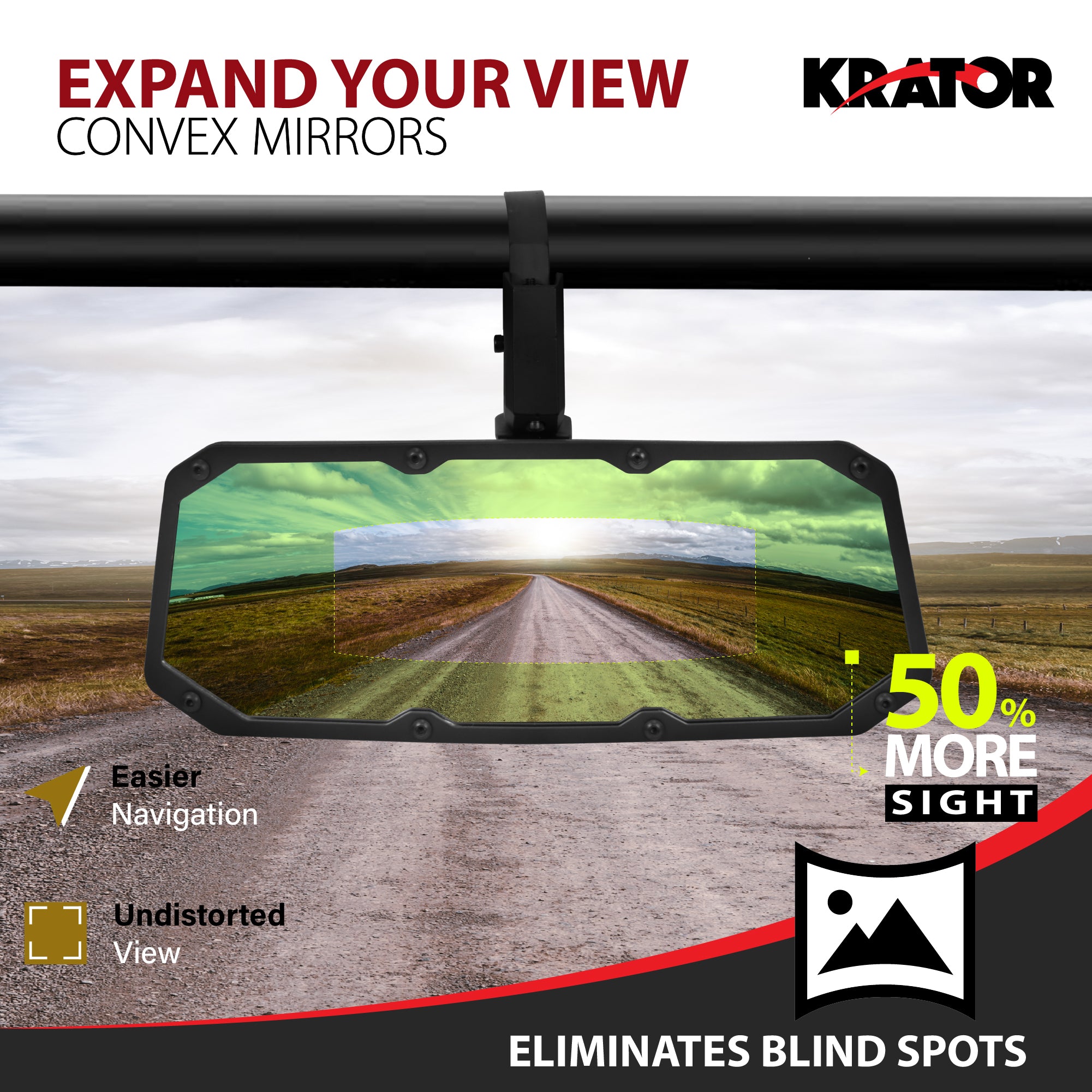 Krator UTV Rear View Mirror for 1.5"-2" Roll Bar, Wide-Angle Convex UTV Mirror