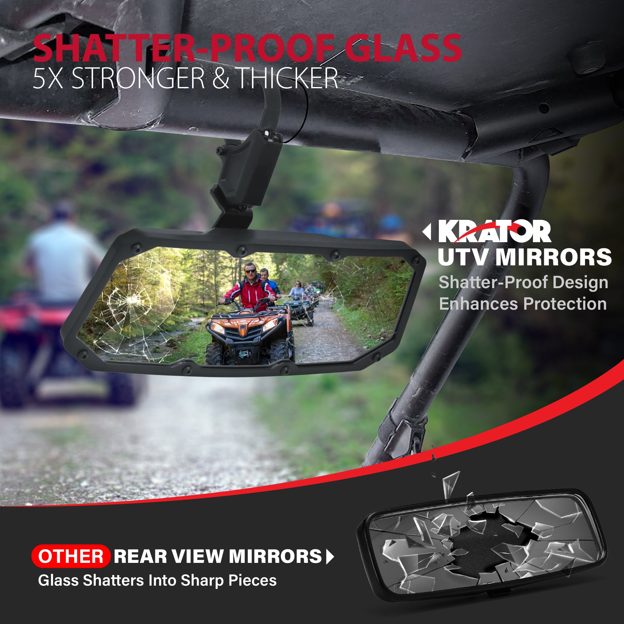 Krator UTV Rear View Mirror for 1.5"-2" Roll Bar, Wide-Angle Convex UTV Mirror