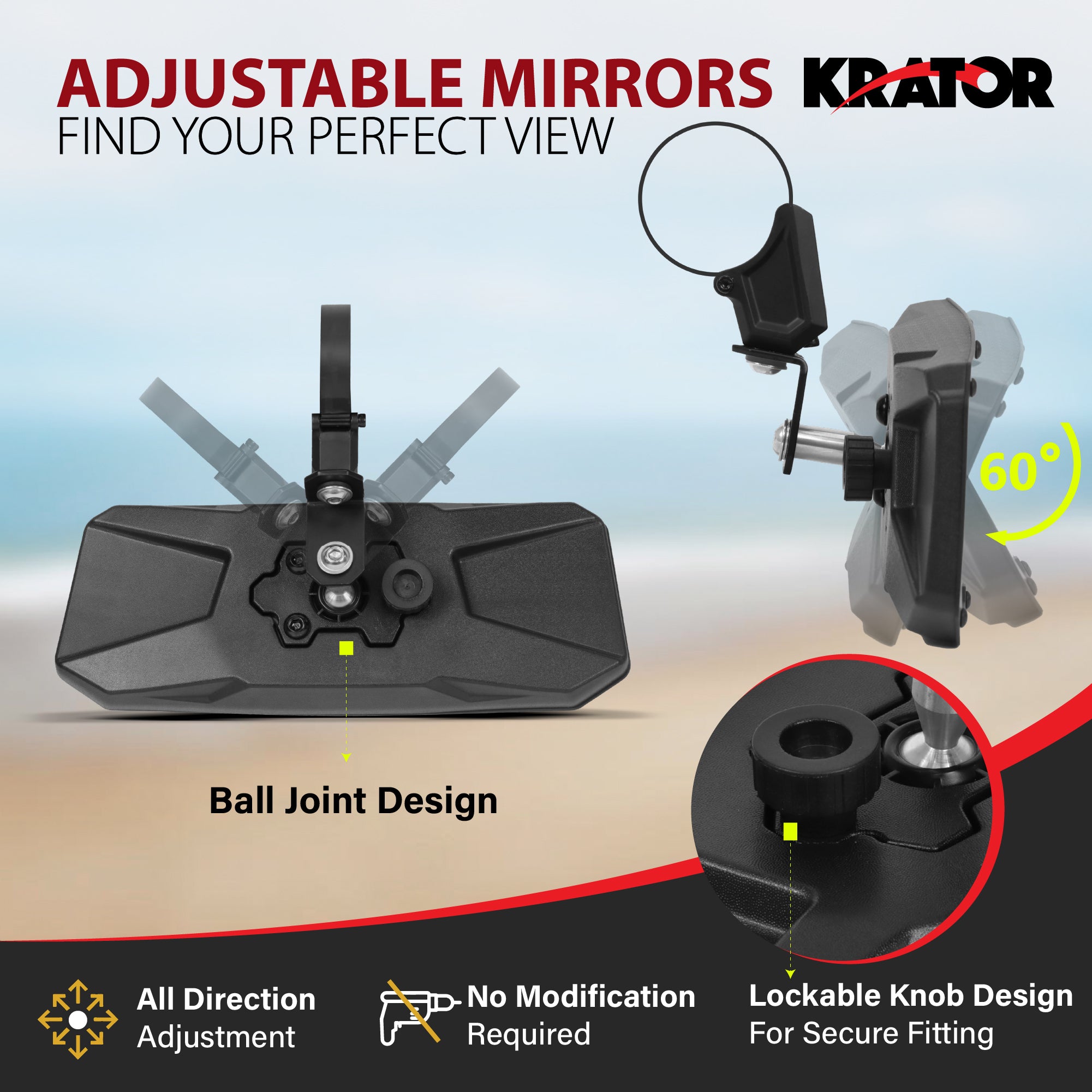 Krator UTV Rear View Mirror for 1.5"-2" Roll Bar, Wide-Angle Convex UTV Mirror