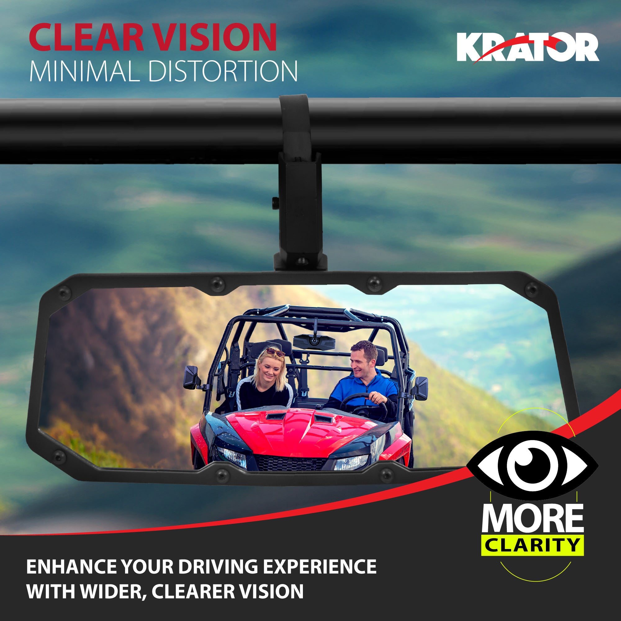 Krator UTV Rear View Mirror for 1.5"-2" Roll Bar, Wide-Angle Convex UTV Mirror