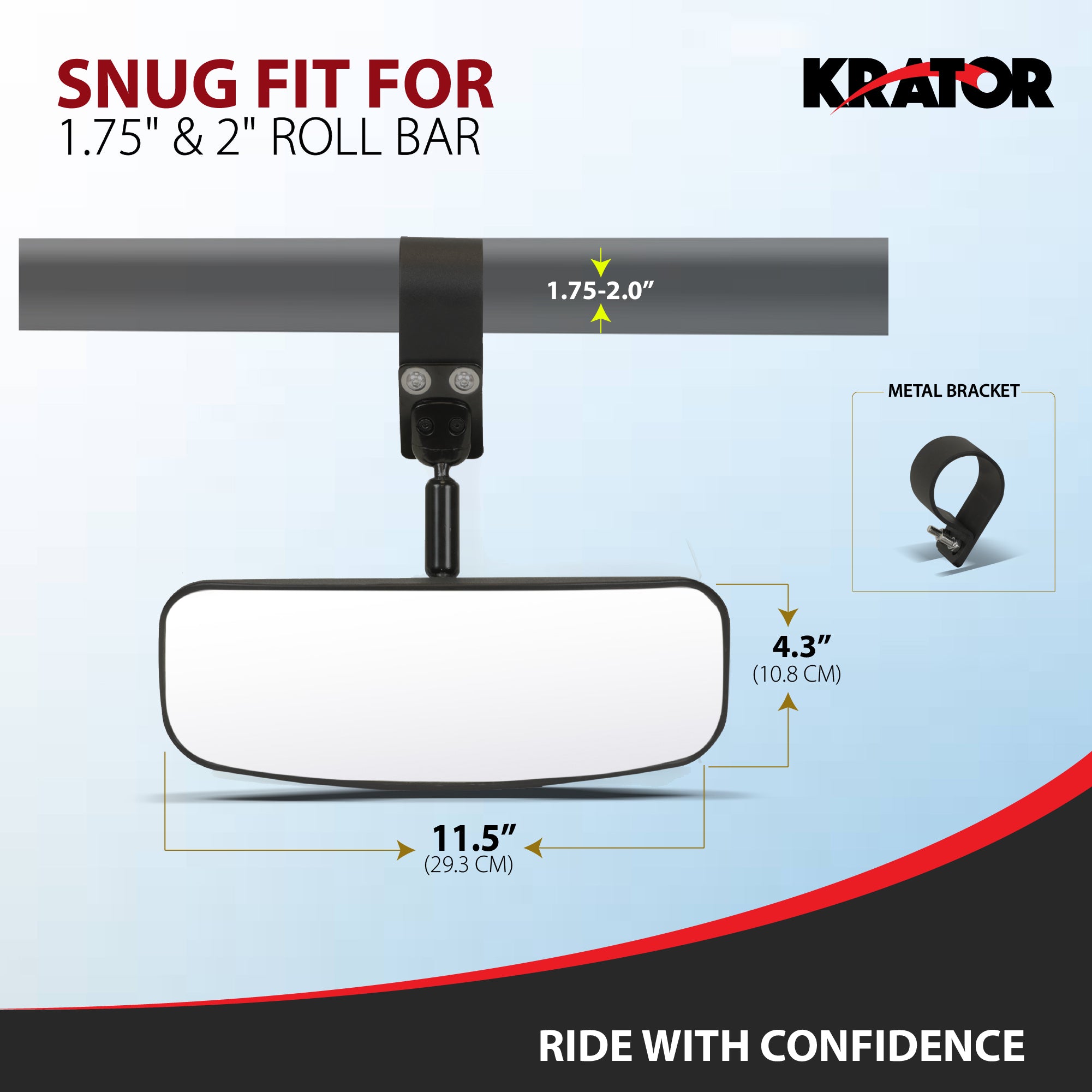 Krator UTV Rear View Mirror for 1.75"-2" Roll Bar, Wide-Angle Convex UTV Mirror