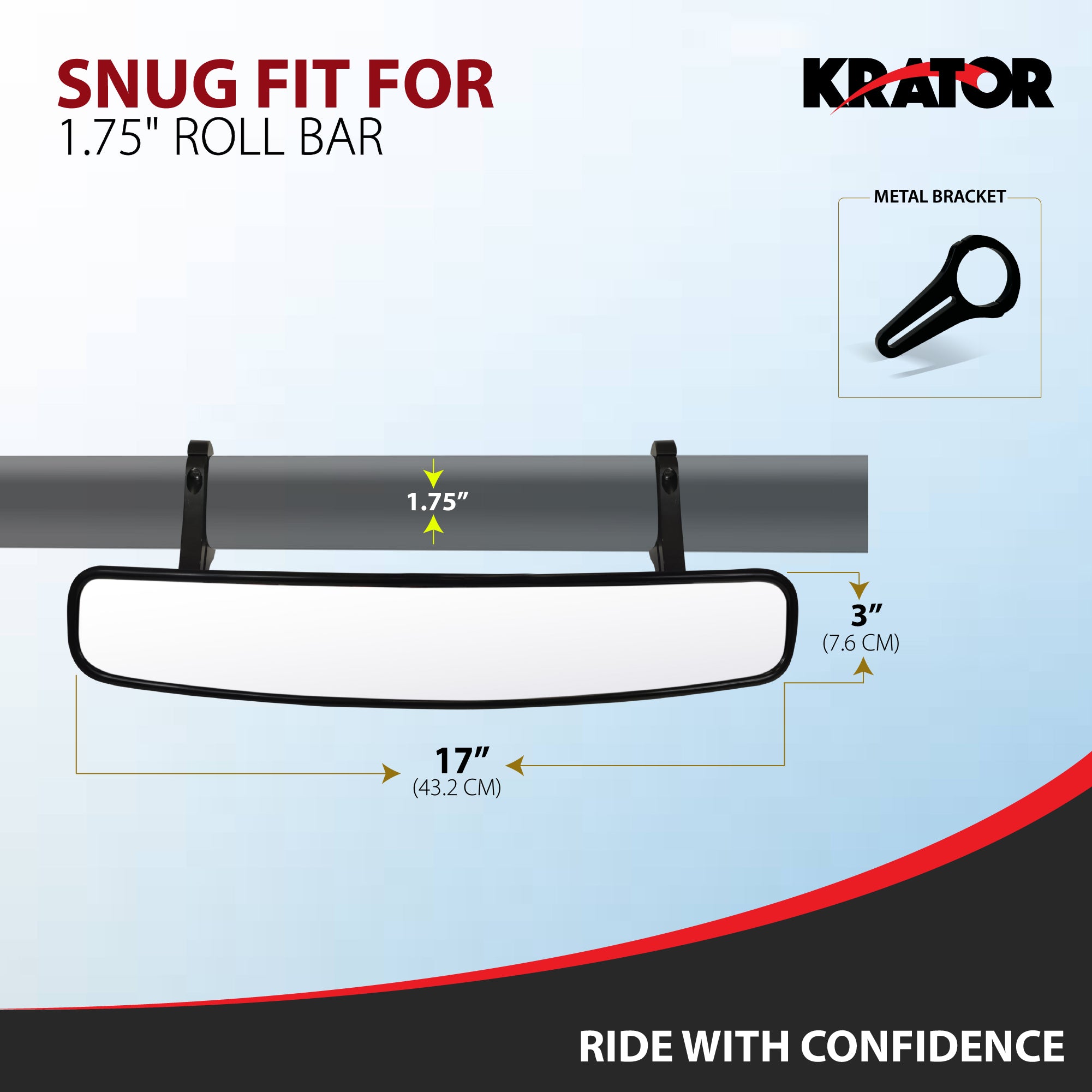 Krator 17" UTV Rear View Mirror for 1.75" Roll Bar, Wide-Angle Convex UTV Mirror