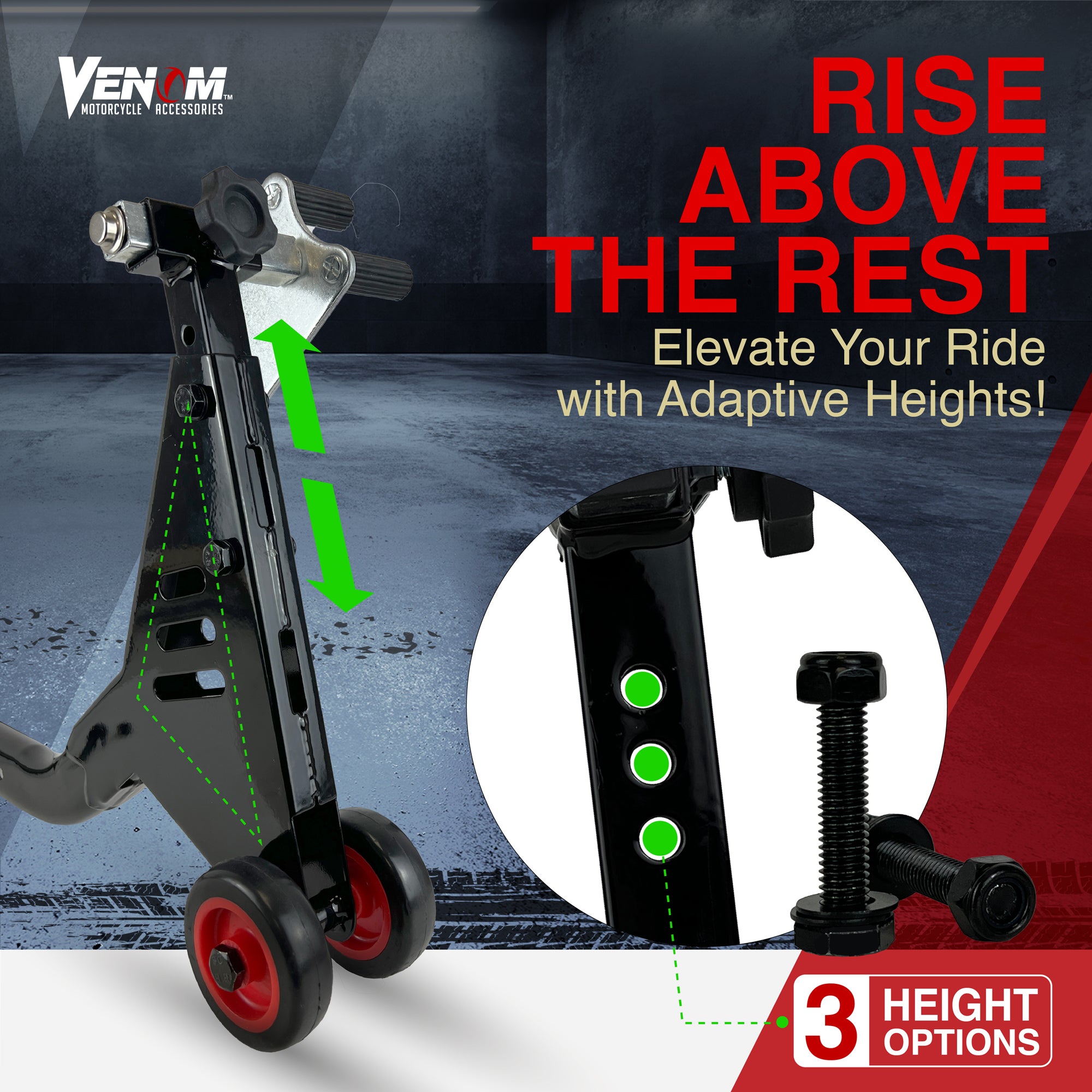 Venom Motorcycle Stand Front and Rear Lift Stand Combo, Universal Swingarm Paddle Lift + Fork Paddock Stand