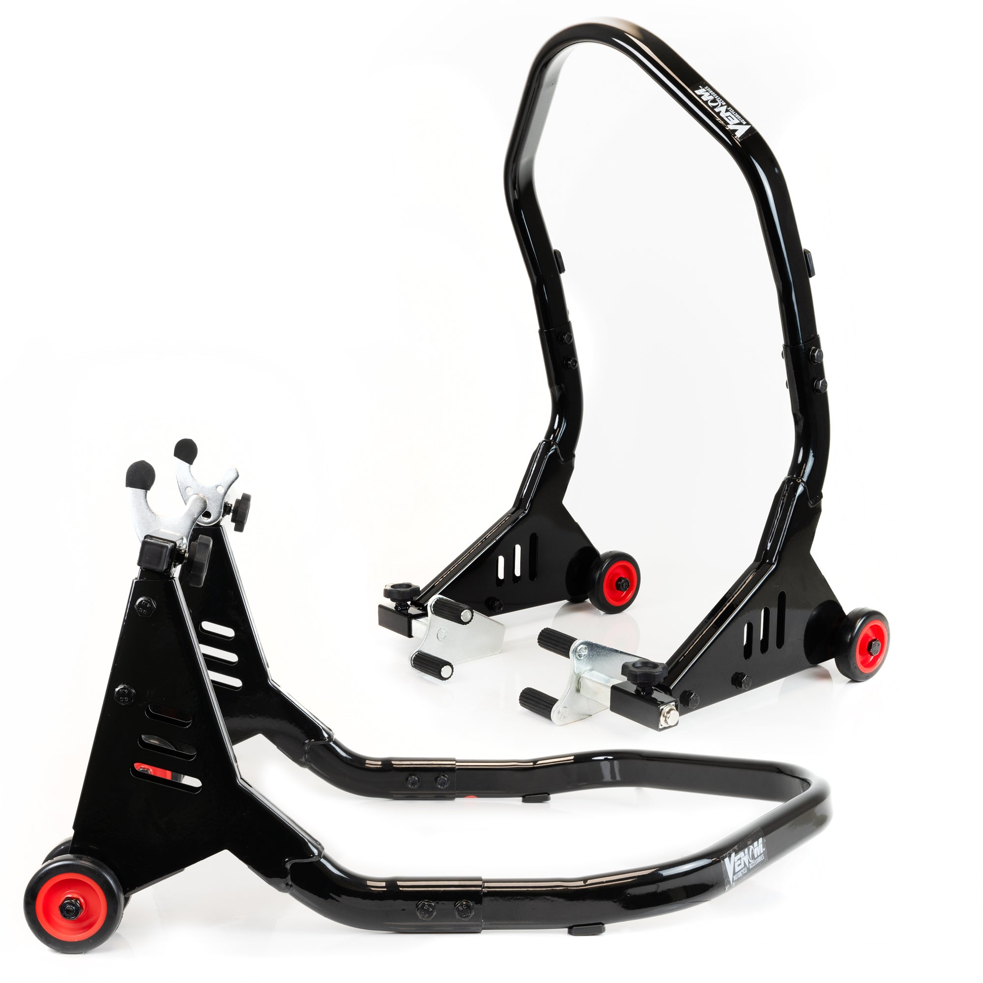 Venom Motorcycle Stand Front and Rear Lift Stand Combo, Universal Swingarm Spool Lift + Fork Paddock Stand