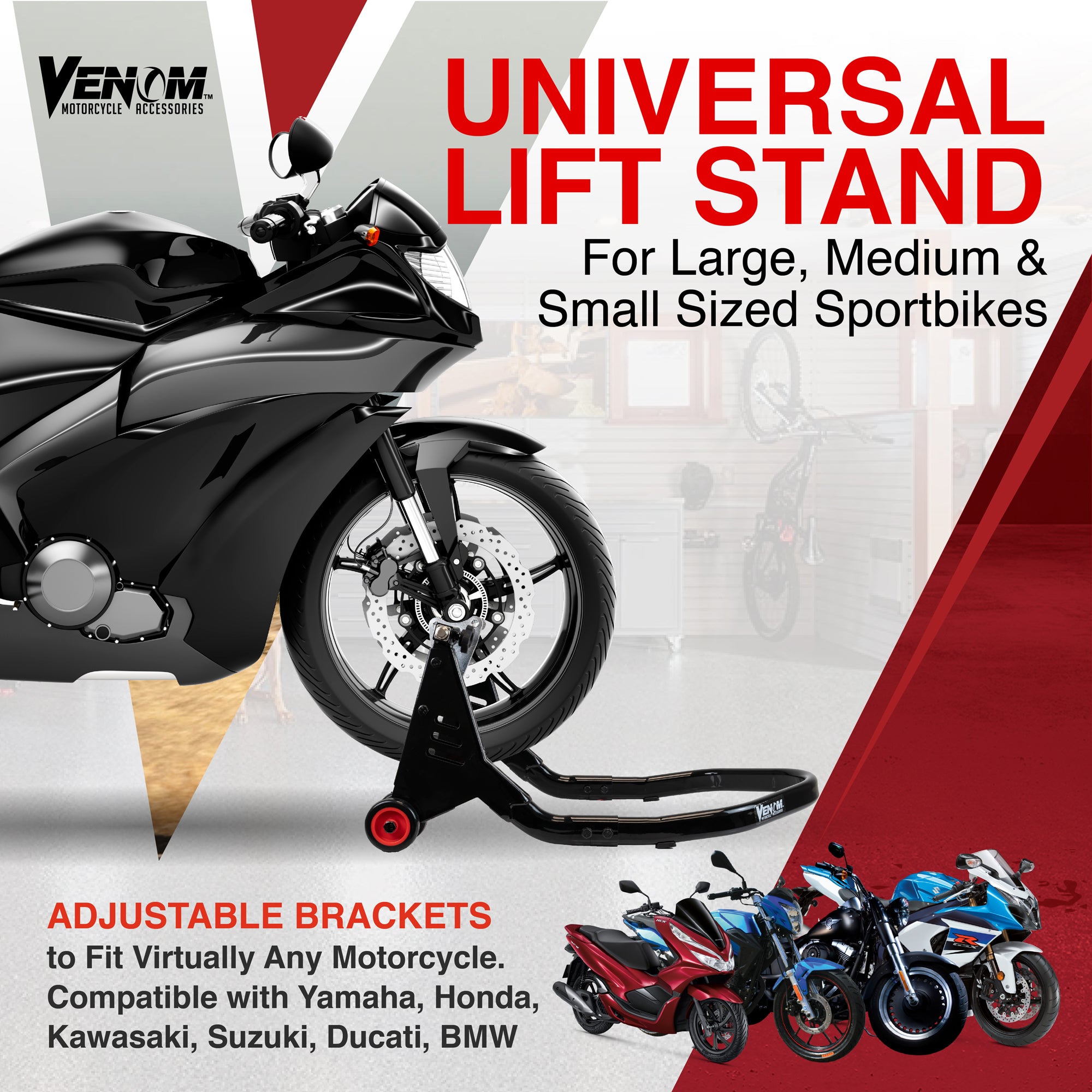 Venom Motorcycle Front Stand Fork Lift, Universal Sport Bike Front Wheel Motorcycle Lift Stand