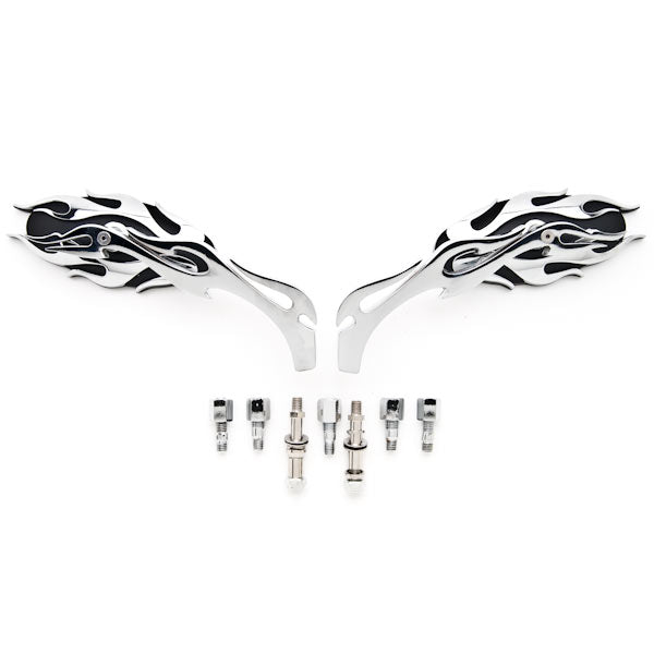 Universal Chrome Flame Mirror Head Arm Motorcycle Cruiser Harley + Includes Bolts
