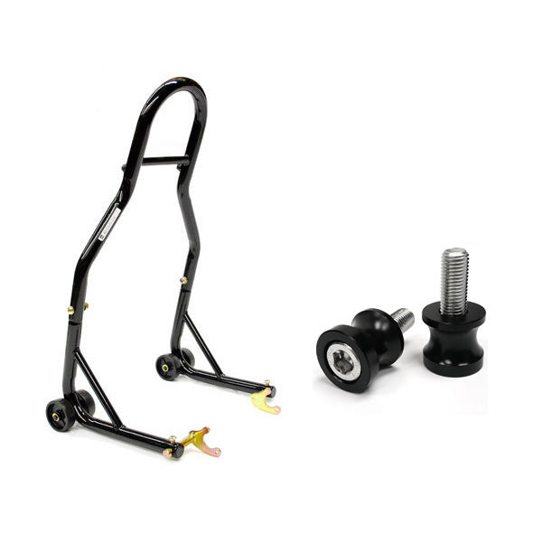 Venom Motorcycle Rear Wheel Swingarm Spool Lift Stand + 10mm Black Swingarm Spools