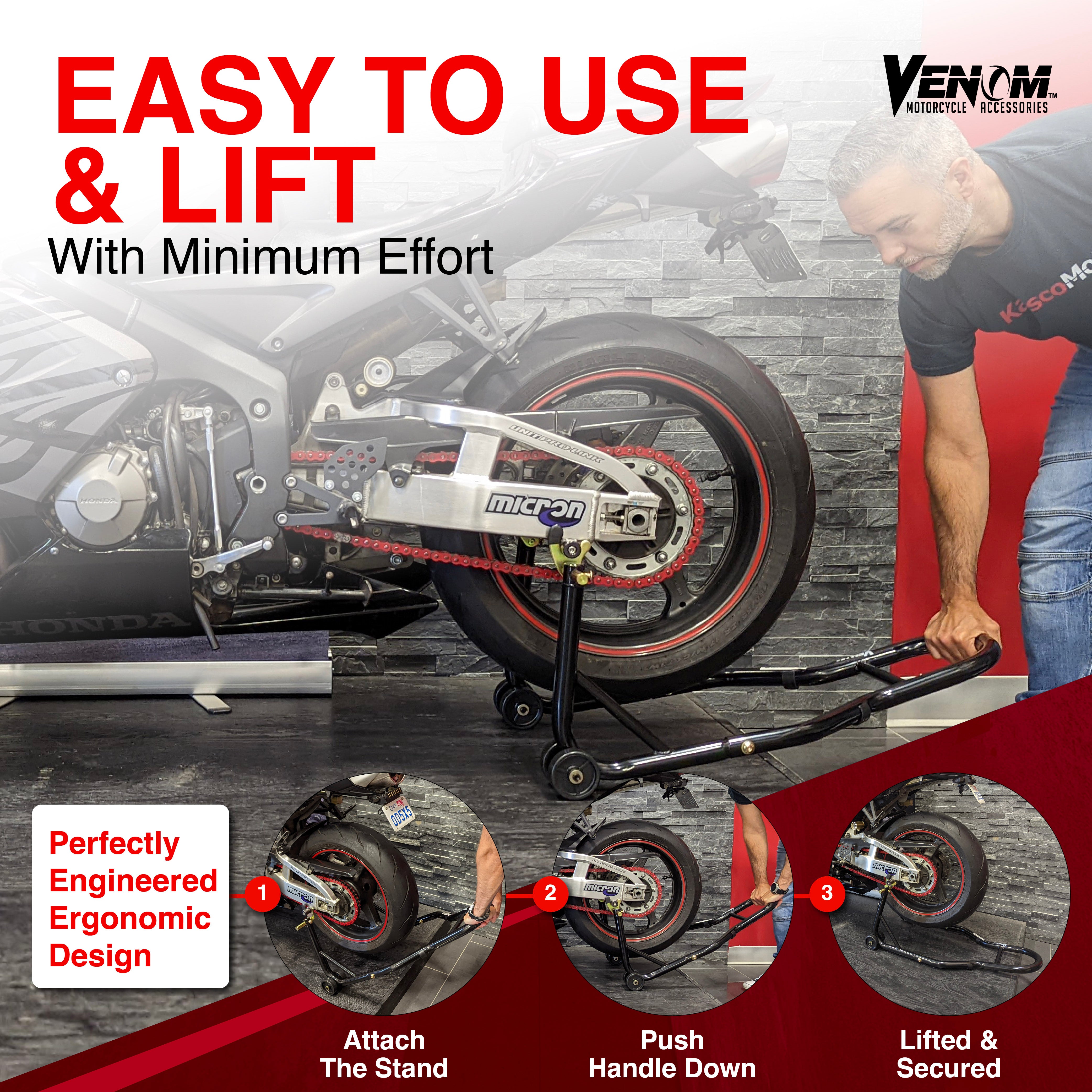 Venom Motorcycle Rear Wheel Swingarm Spool Lift Stand