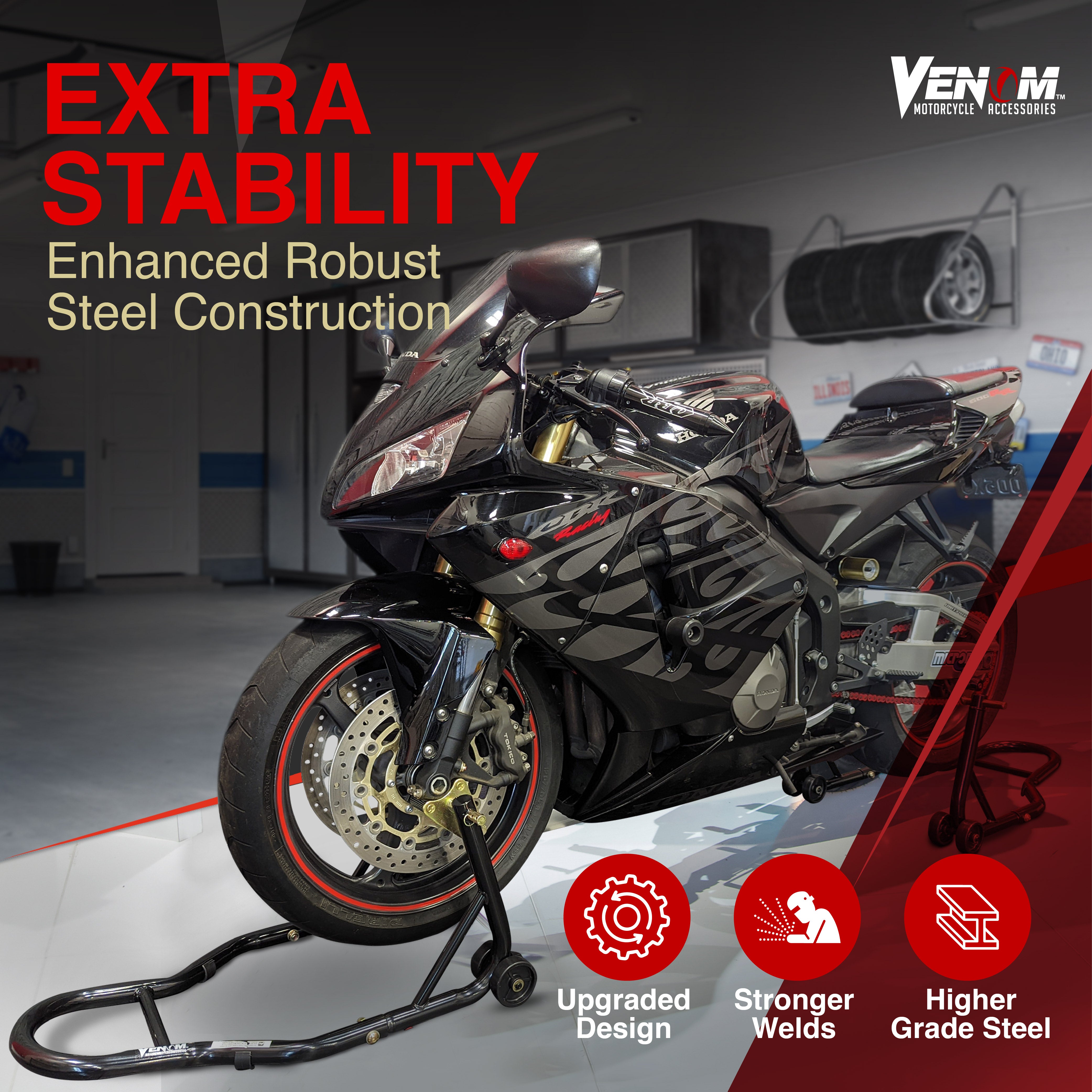 Venom Motorcycle Lift Stand - Front Wheel Fork Stand Rear Wheel Swingarm Spool Stand - Universal Fit