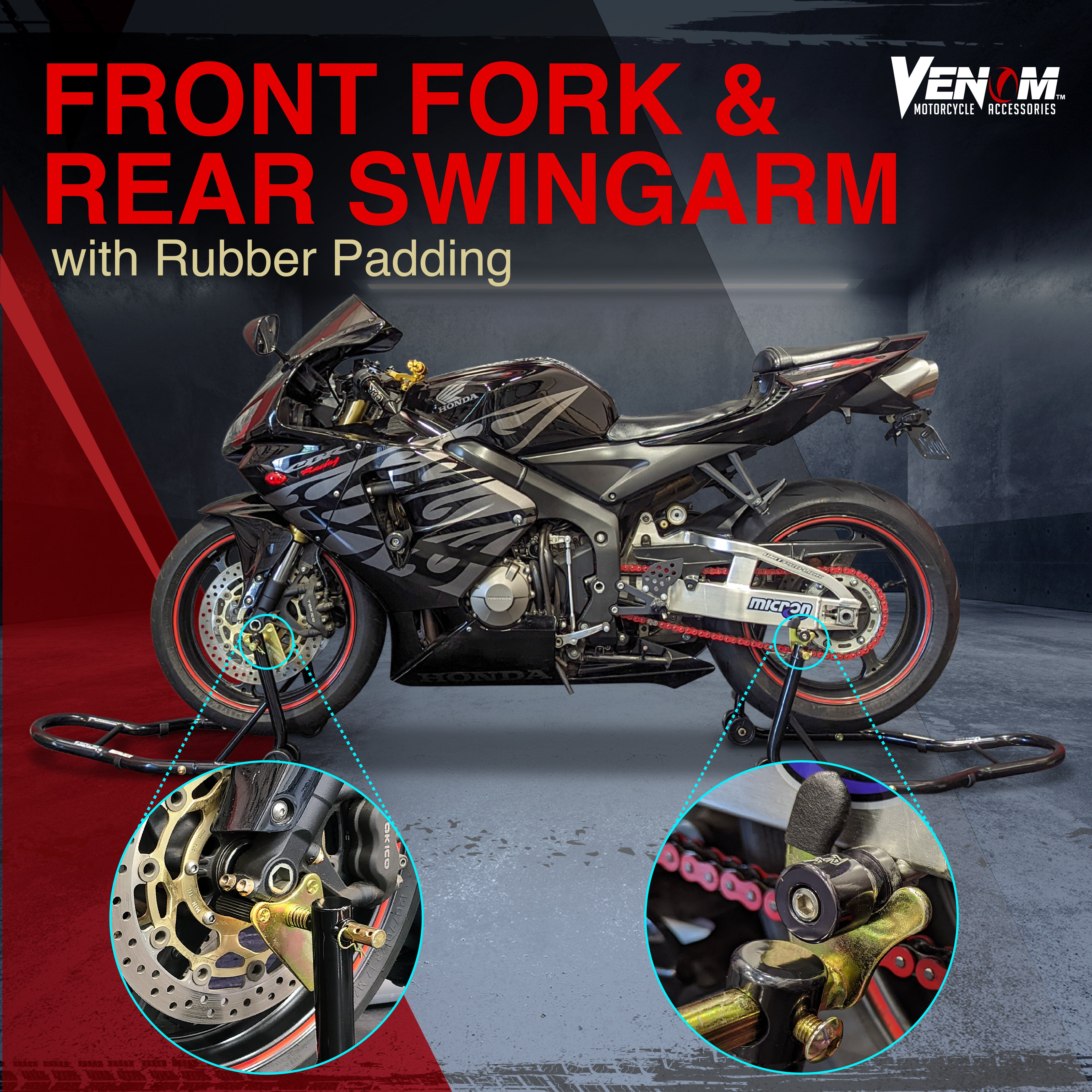 Venom Motorcycle Lift Stand - Front Wheel Fork Stand Rear Wheel Swingarm Spool Stand - Universal Fit